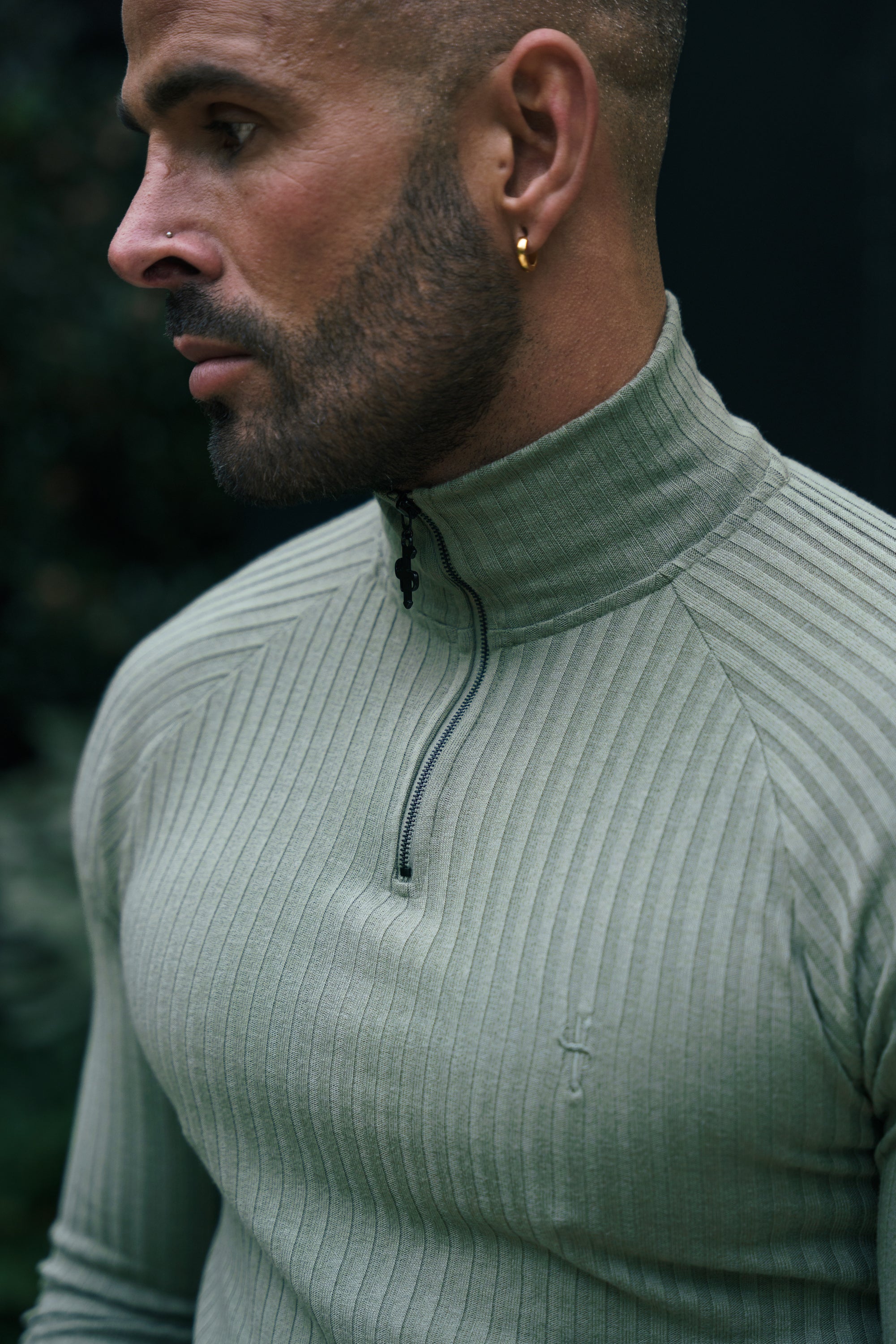 Classic Olive Ribbed Zip Funnel Neck Raglan Long Sleeve Crew - FSH1297