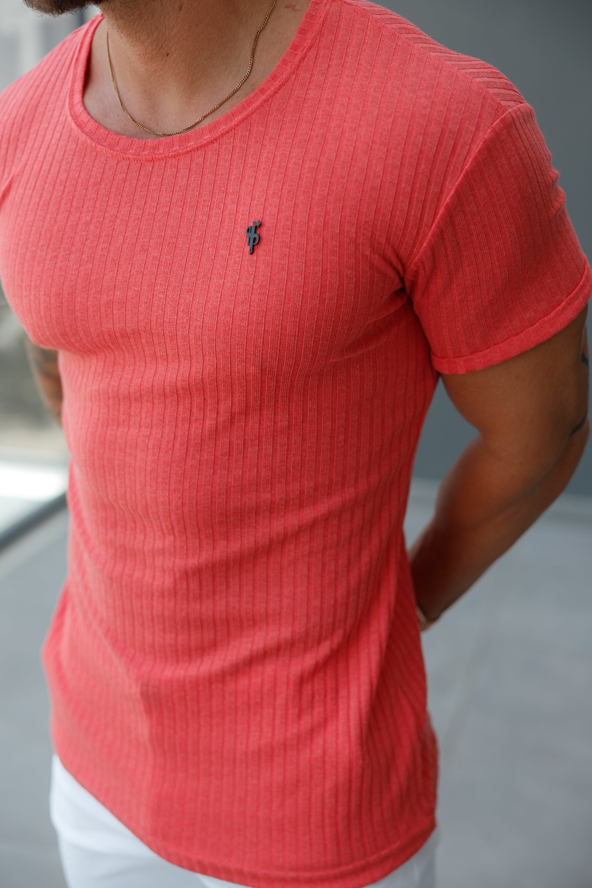 Classic Coral / Black Ribbed Knit Super Slim Short Sleeve Crew - FSH1086