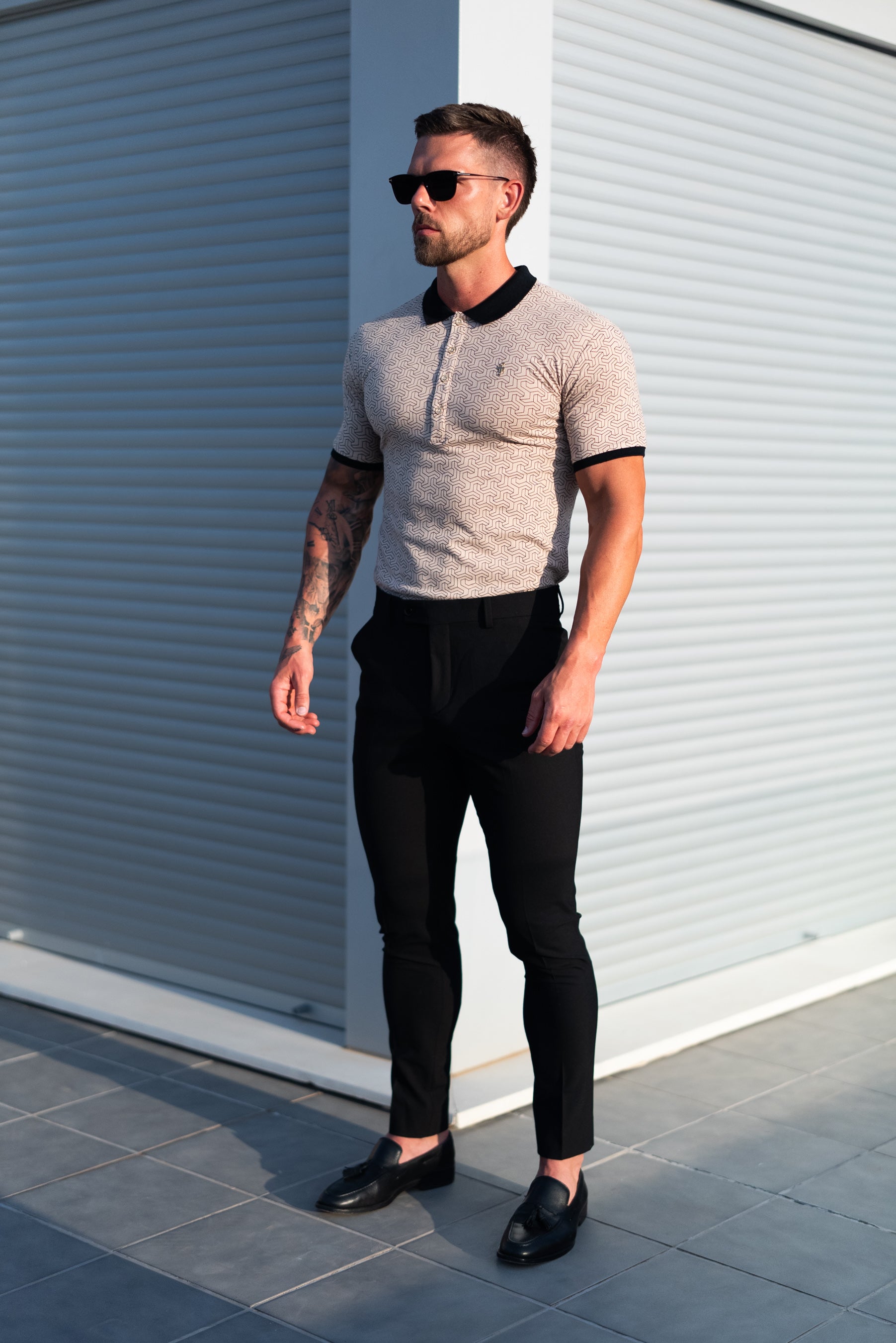 Black / Beige Geo Printed Polo Shirt - FSH1234