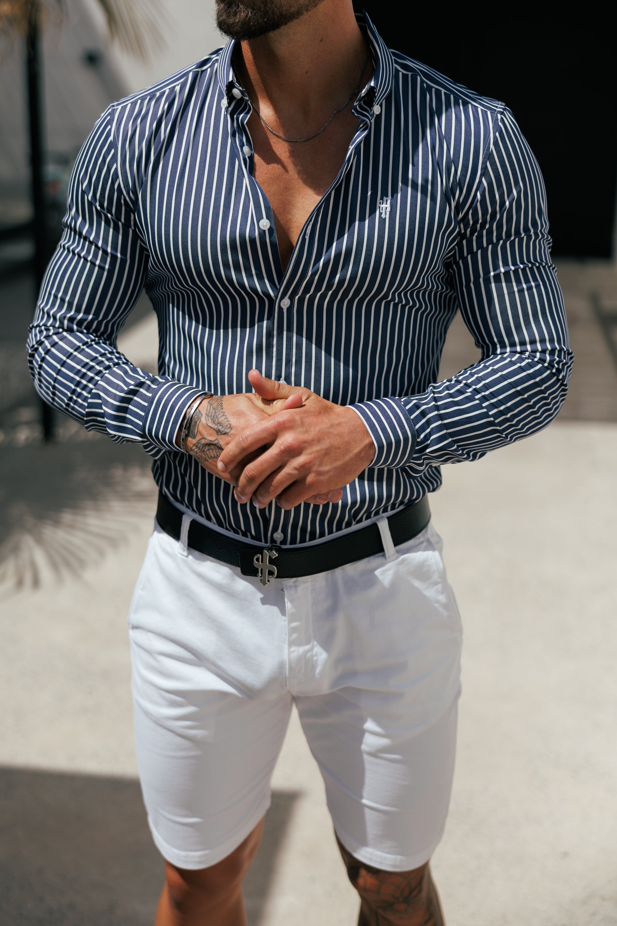 Super Slim Stretch Sateen Touch Navy / White Medium Stripe Long Sleeve - FS1262 (PRE-ORDER 28TH AUGUST)