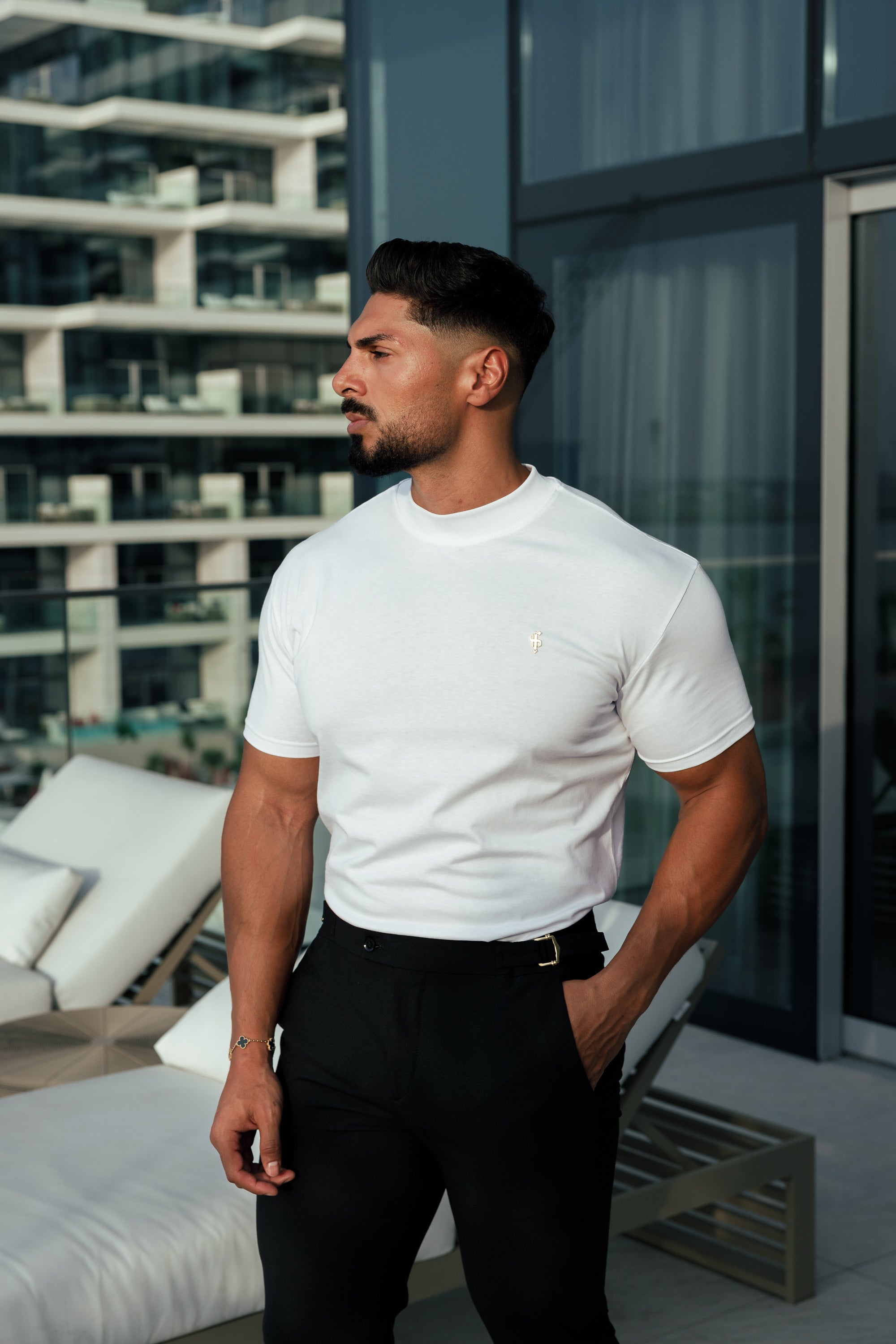 Ribbed High Neck Crew Short Sleeve White / Gold - FSH1006