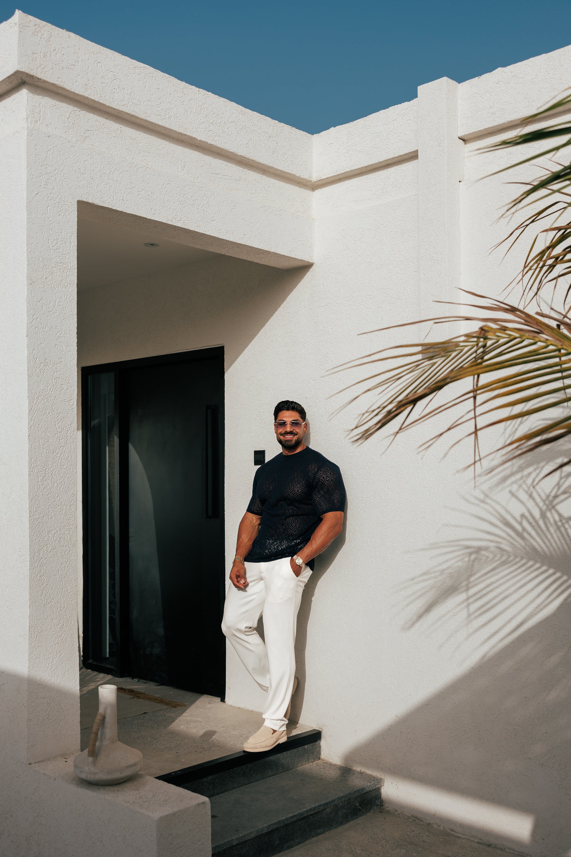 Crochet Crew T-Shirt Navy Short Sleeve - FSJ090