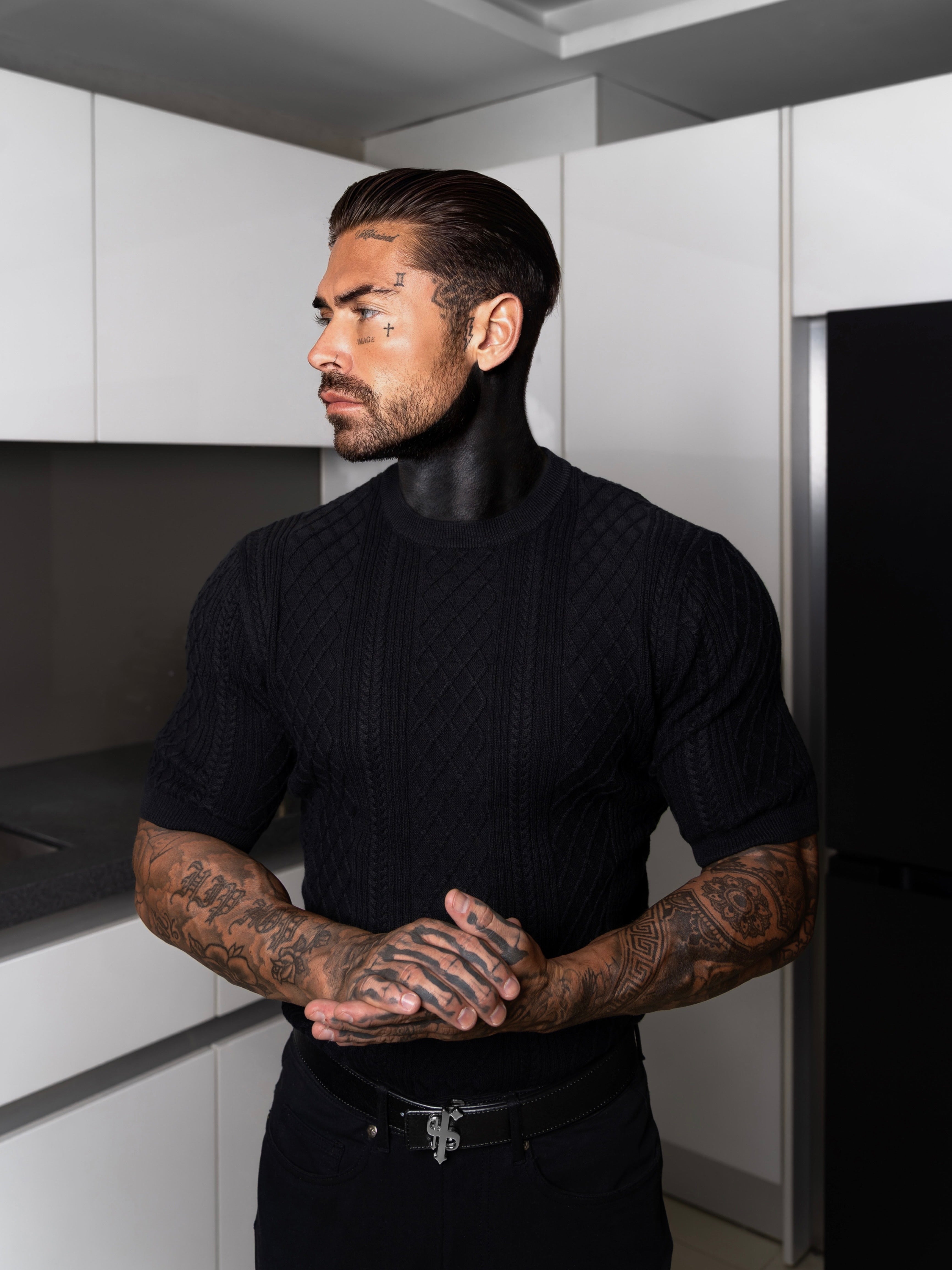 Fine Knit Diamond Black Jumper Short Sleeve - FSA010