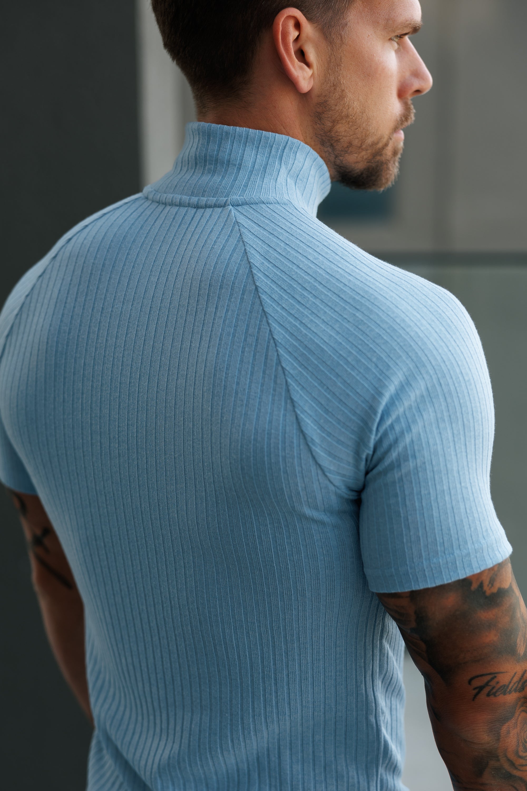 Classic Light Blue Ribbed Zip Funnel Neck Raglan Short Sleeve Crew - FSH1291