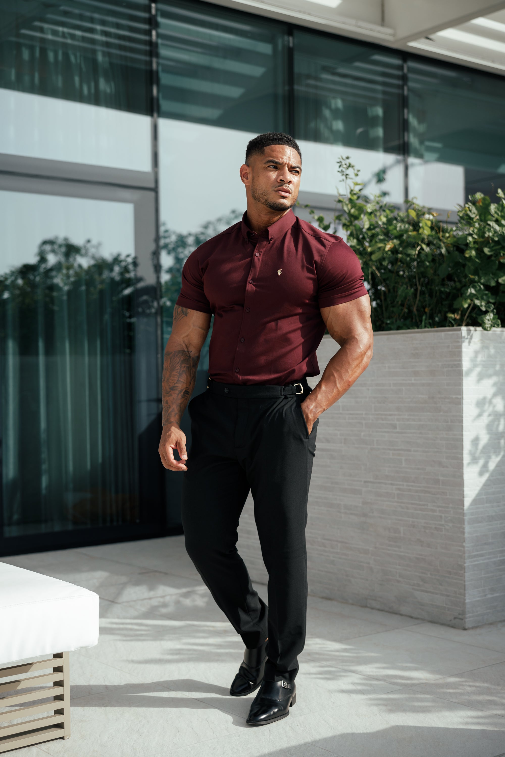 Super Slim Stretch Burgundy Denim Short Sleeve with Gold Metal Decal and Button Down Collar - FS1045