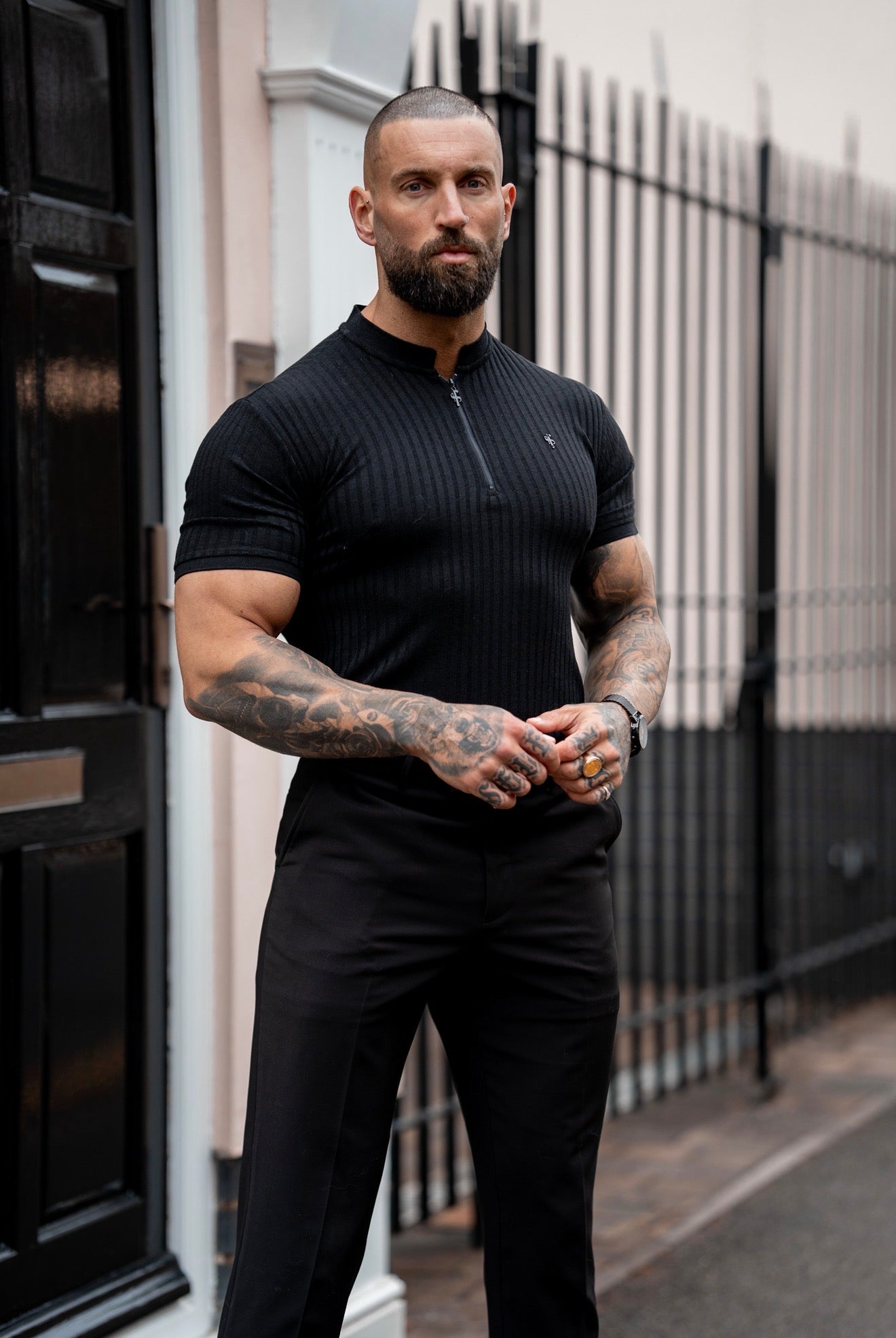 Super Slim Black / Black Ribbed Zip Grandad Collar Shirt Short Sleeve - FSH1446