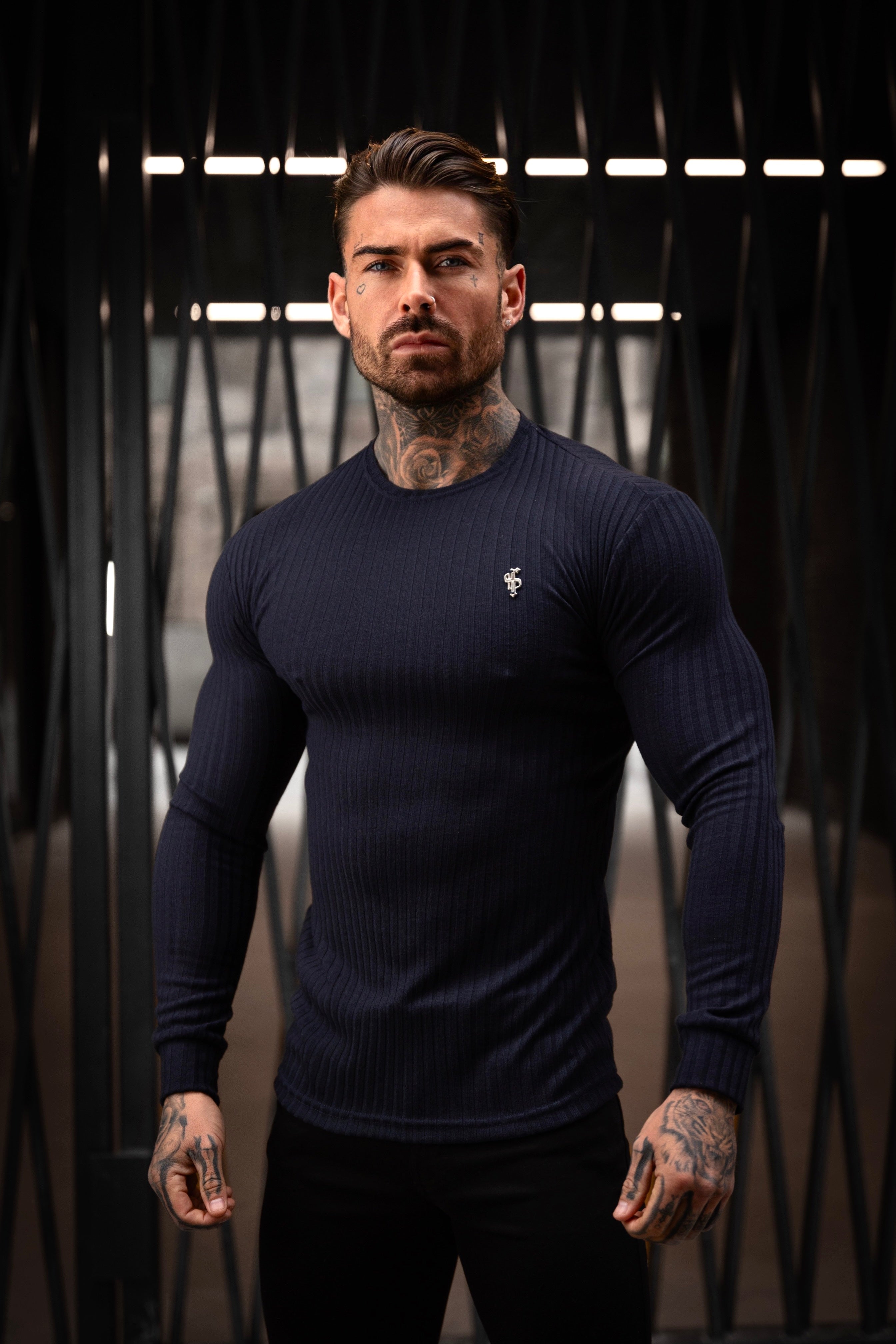 Classic Navy Ribbed Knit Jumper With Silver Metal Emblem - FSH945