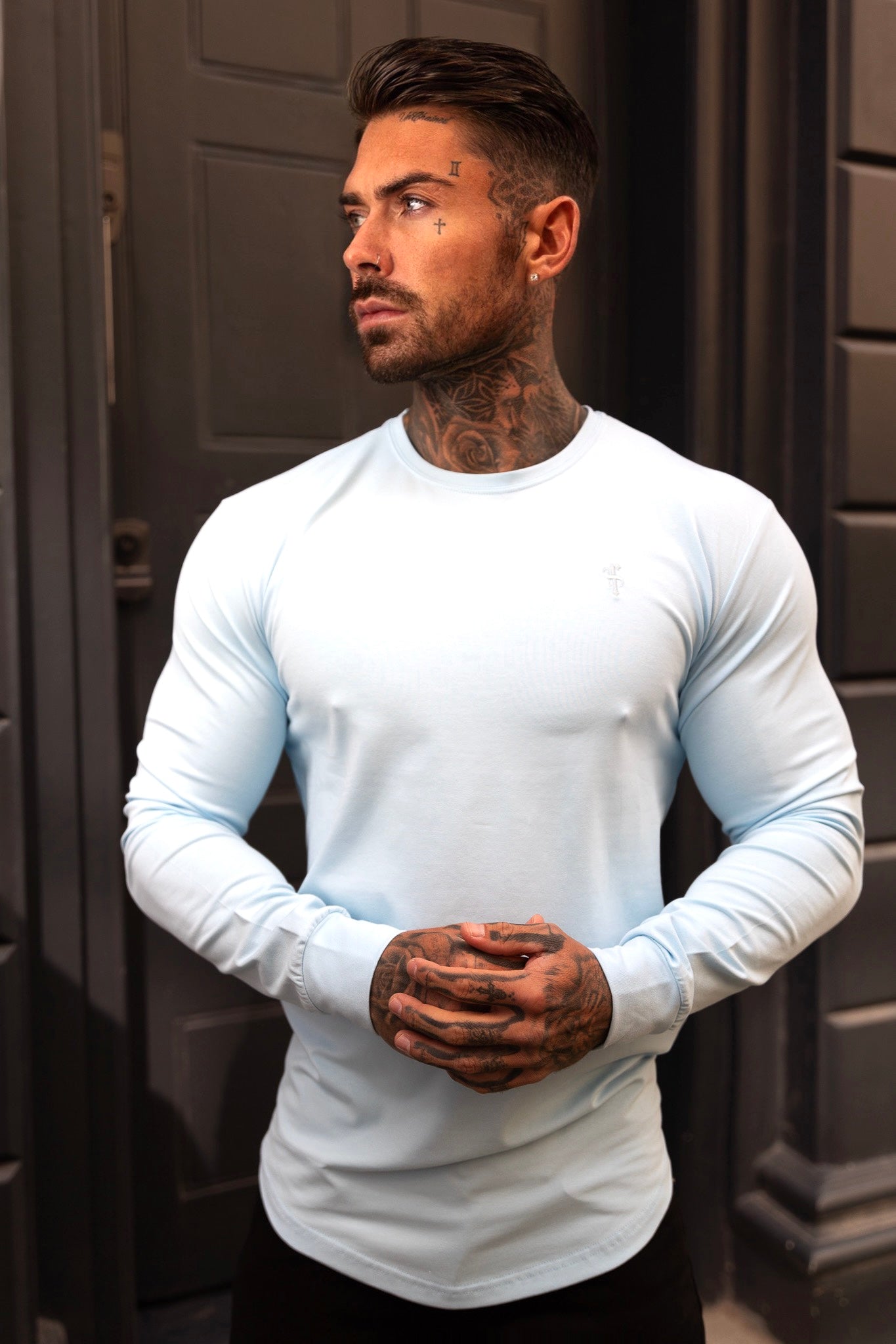 Classic Baby Blue Tonal Curved Hem Long Sleeve Crew T Shirt - FSH999