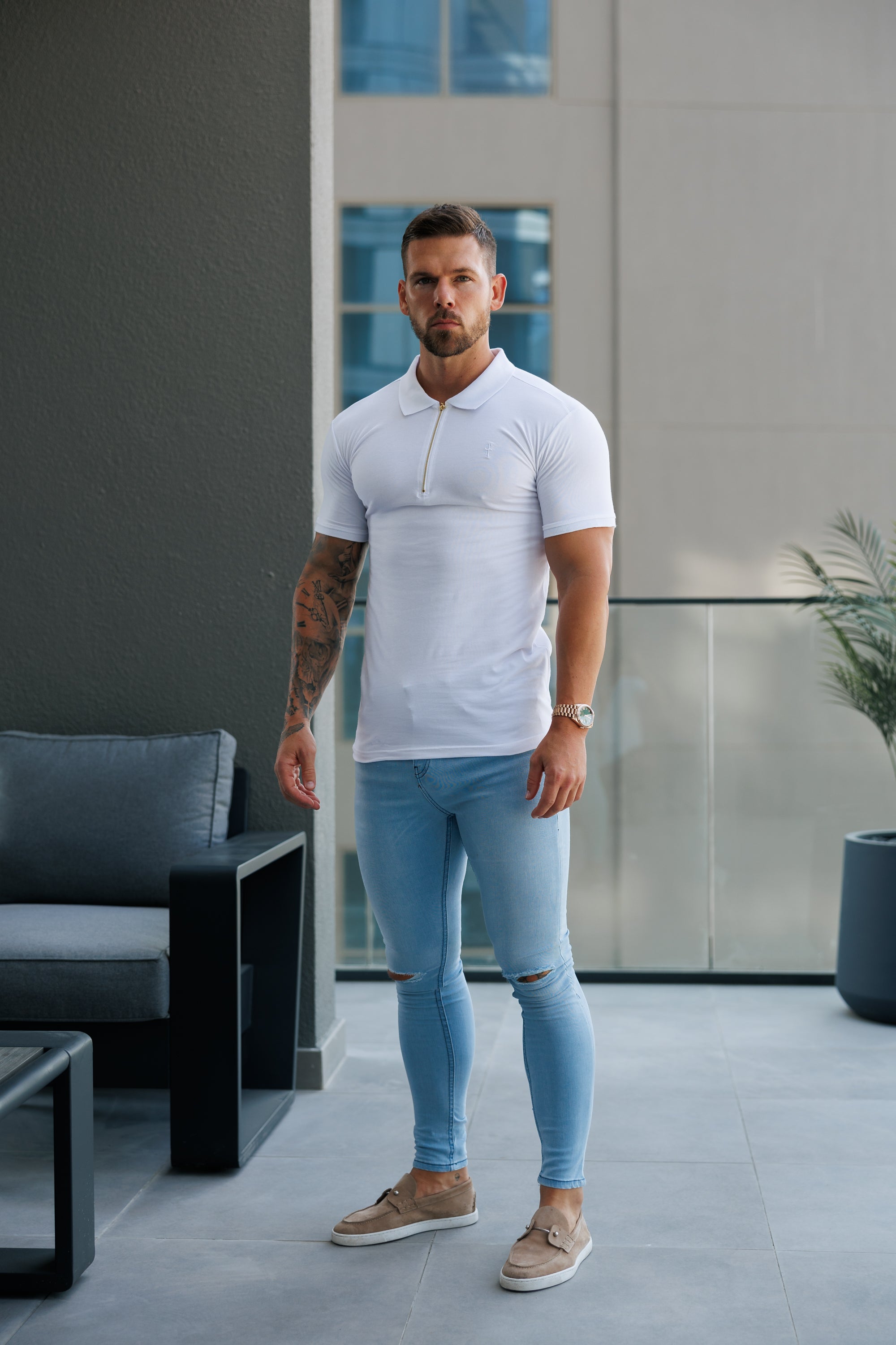 Ultra Stretch Mid Blue Slim Jeans Bleached with Knee Rips - FSJEAN012
