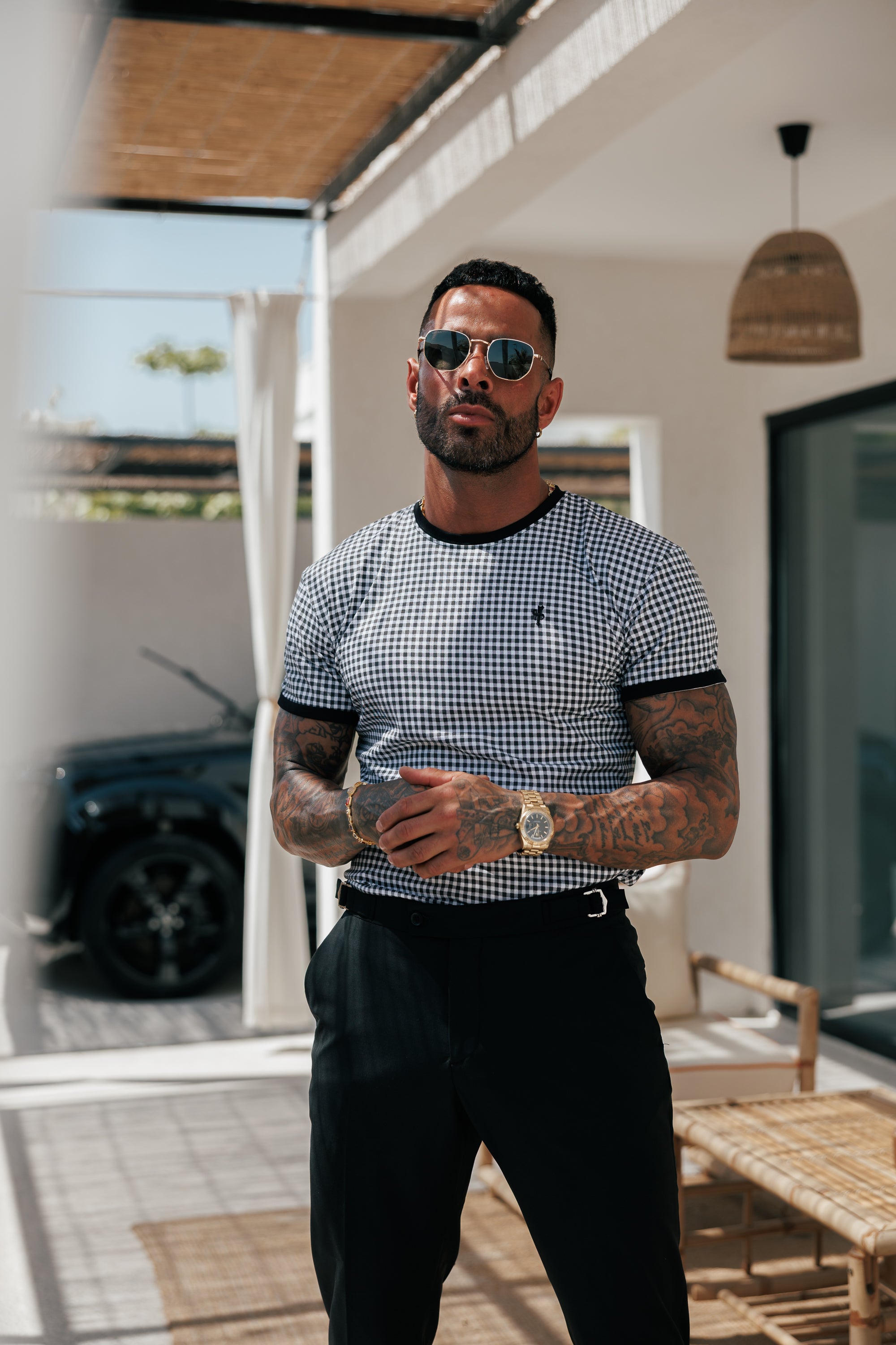 Printed Black / White Check Fitted T Shirt - FSH1238