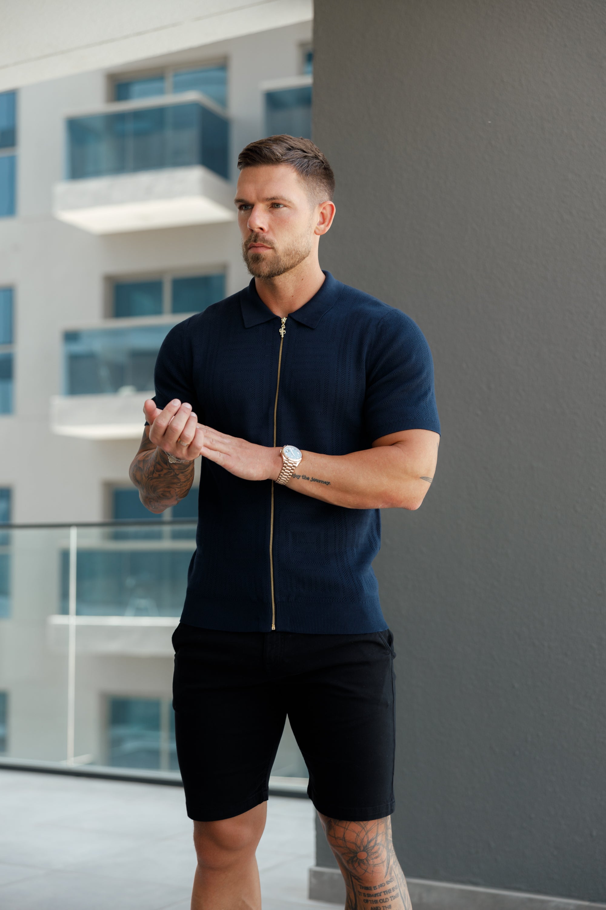 Classic Knitted Geo Design With Full Length Zip Navy Short Sleeve - FSN149
