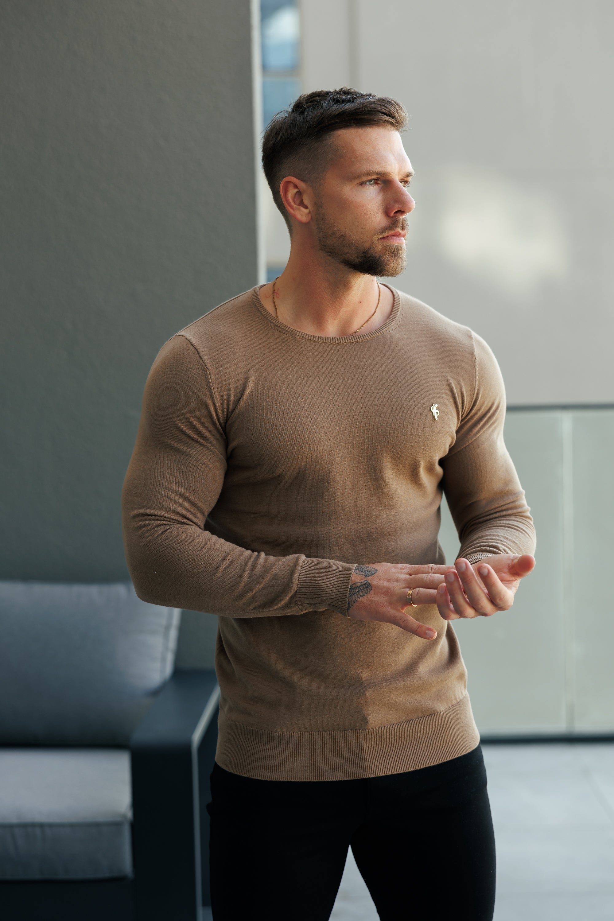 Camel Crew Neck Knitted Jumper With FS Branding - FSN200