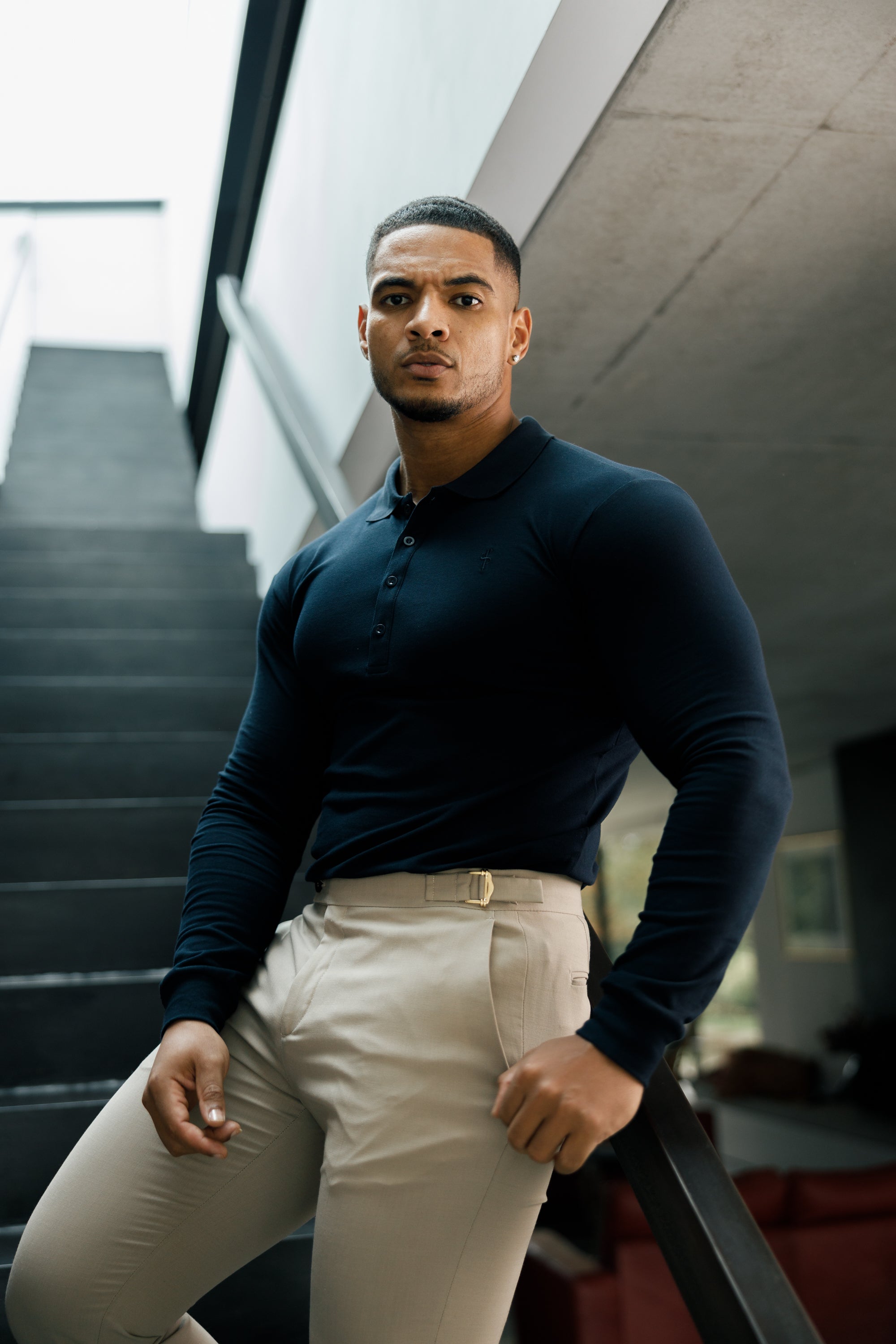 Classic Navy Tonal Polo Long Sleeve Shirt - FSH861