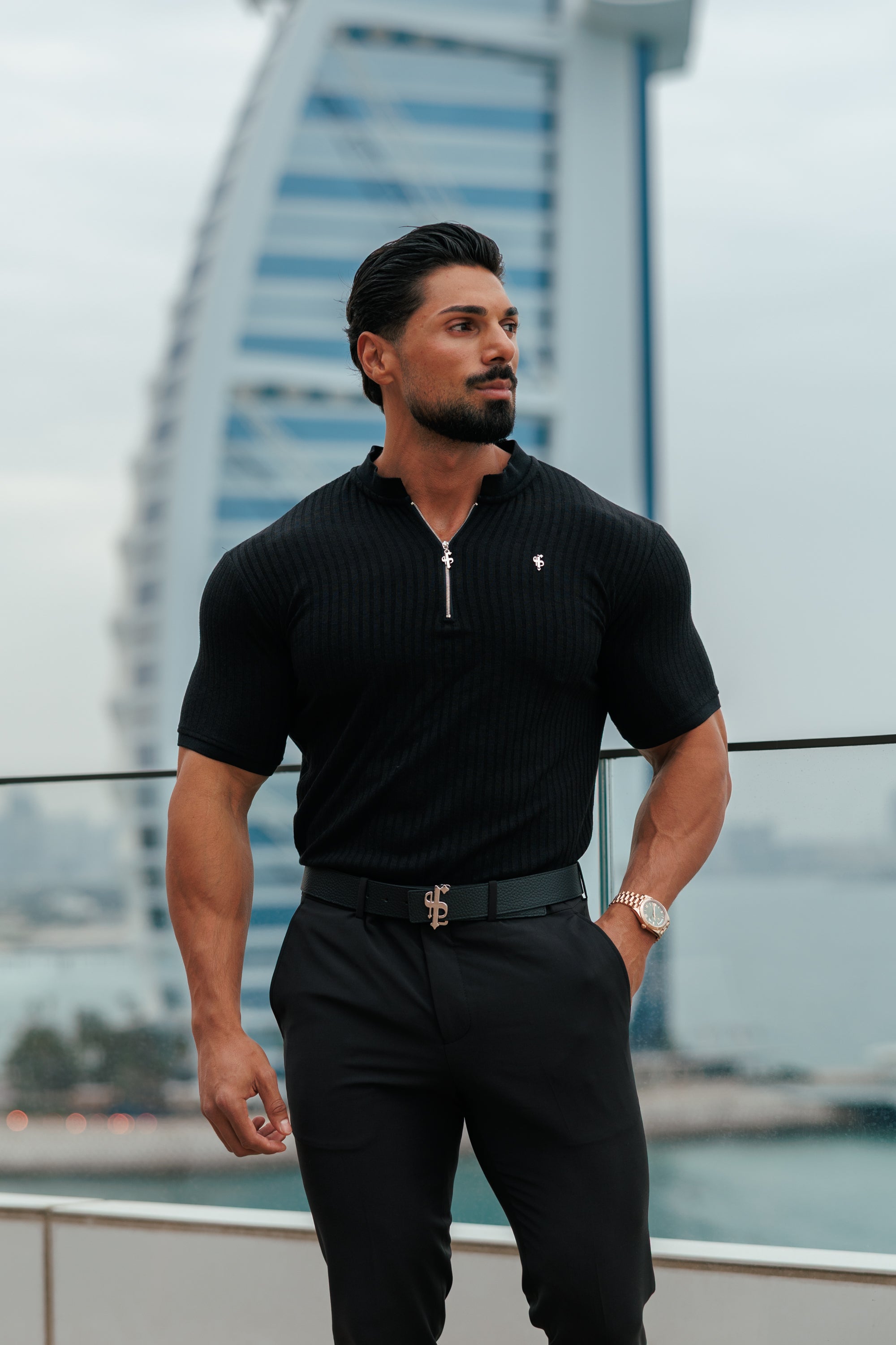 Super Slim Black / Silver Ribbed Zip Grandad Collar Shirt Short Sleeve - FSH1445