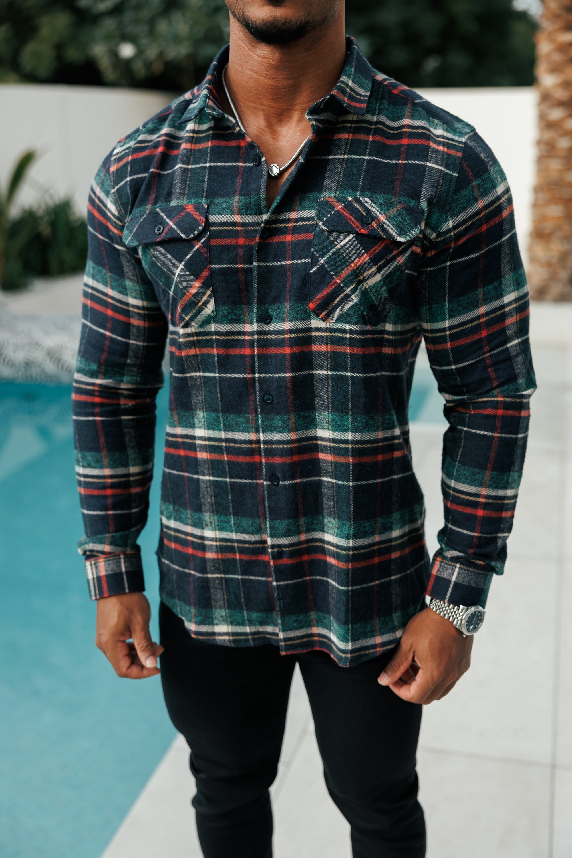 Navy / Green / Rust Check Shacket With Double Pockets - FS1198