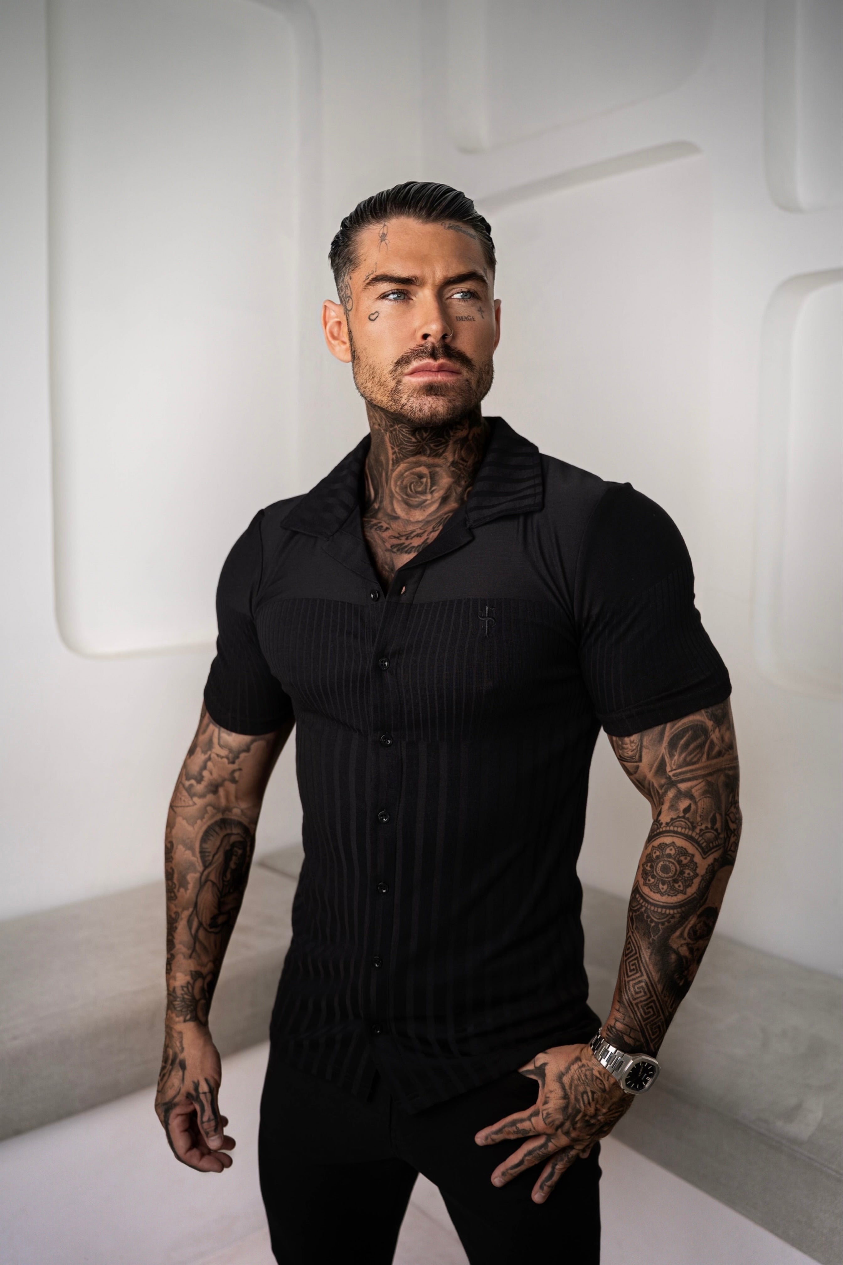 Jersey Revere Vertical Stripe Black Shirt Short Sleeve - FSR024