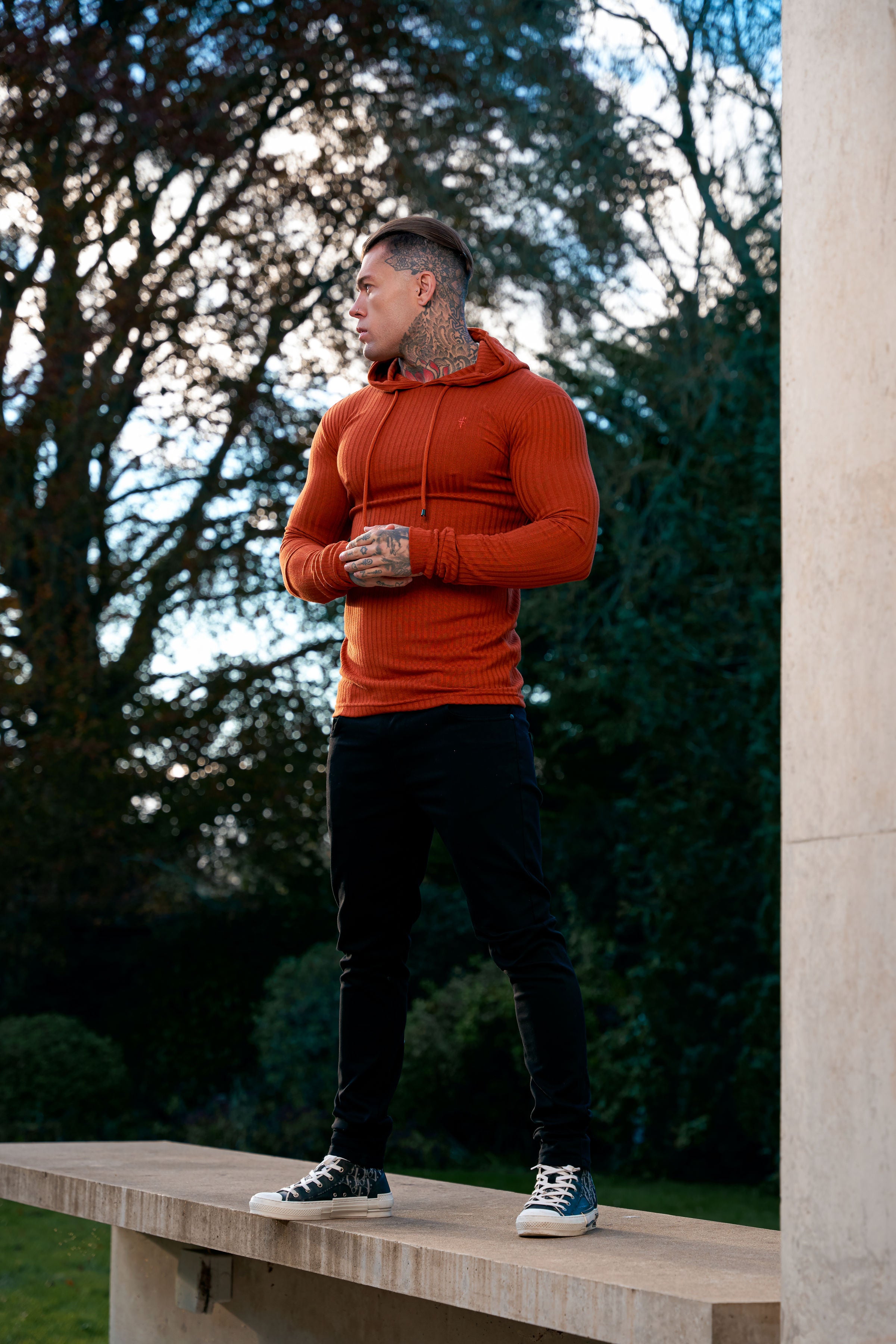 Classic Rust Ribbed Knit Hoodie Jumper - FSH910