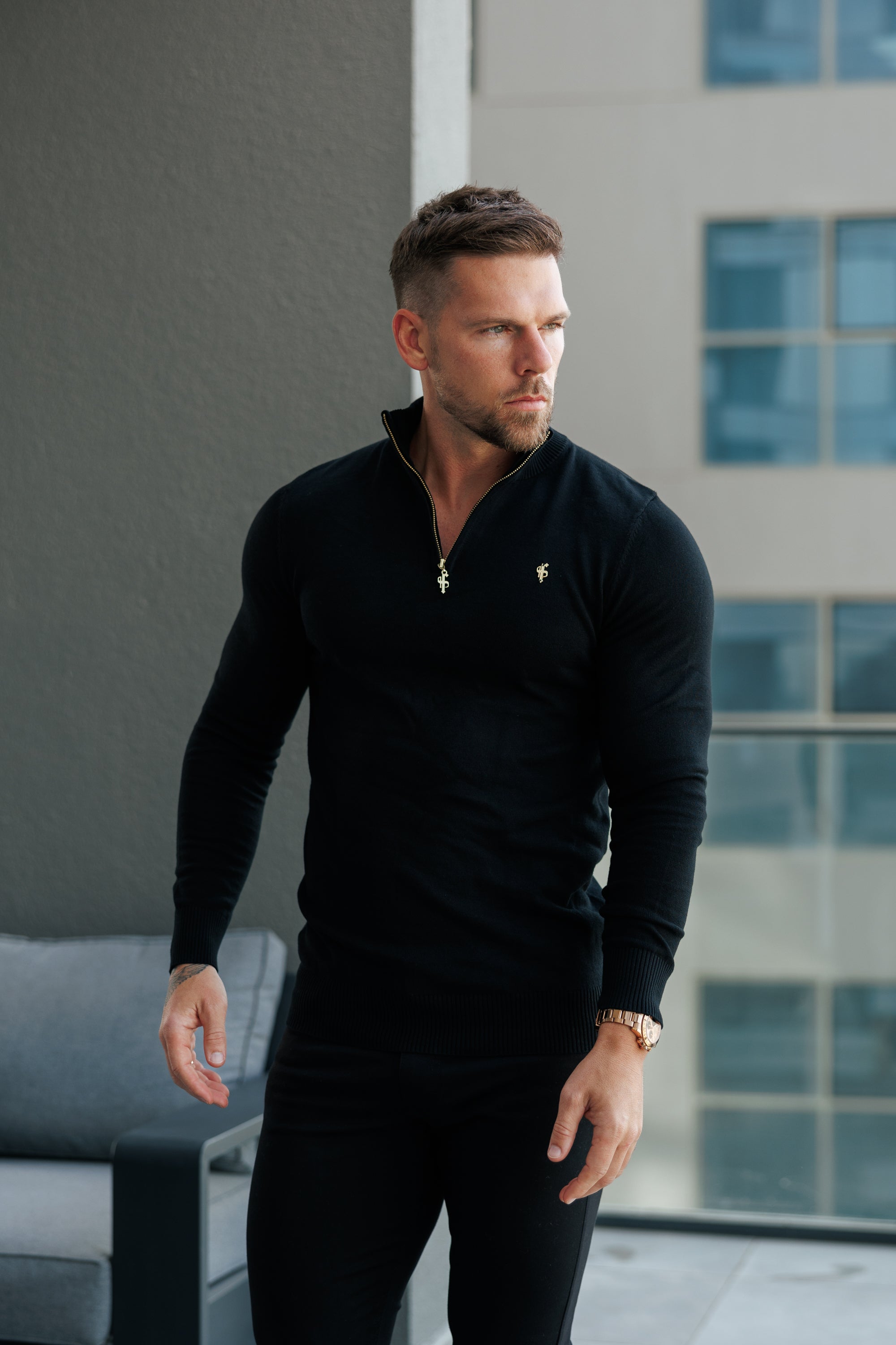 Black Funnel Neck Knitted Jumper With FS Branding - FSN186