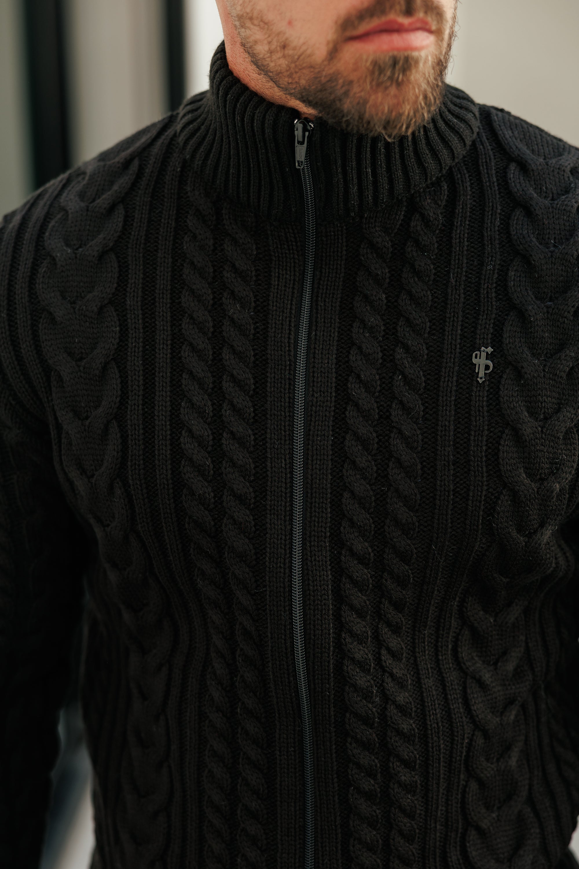 Funnel Neck Full Zip Cardigan Black - FSJ144