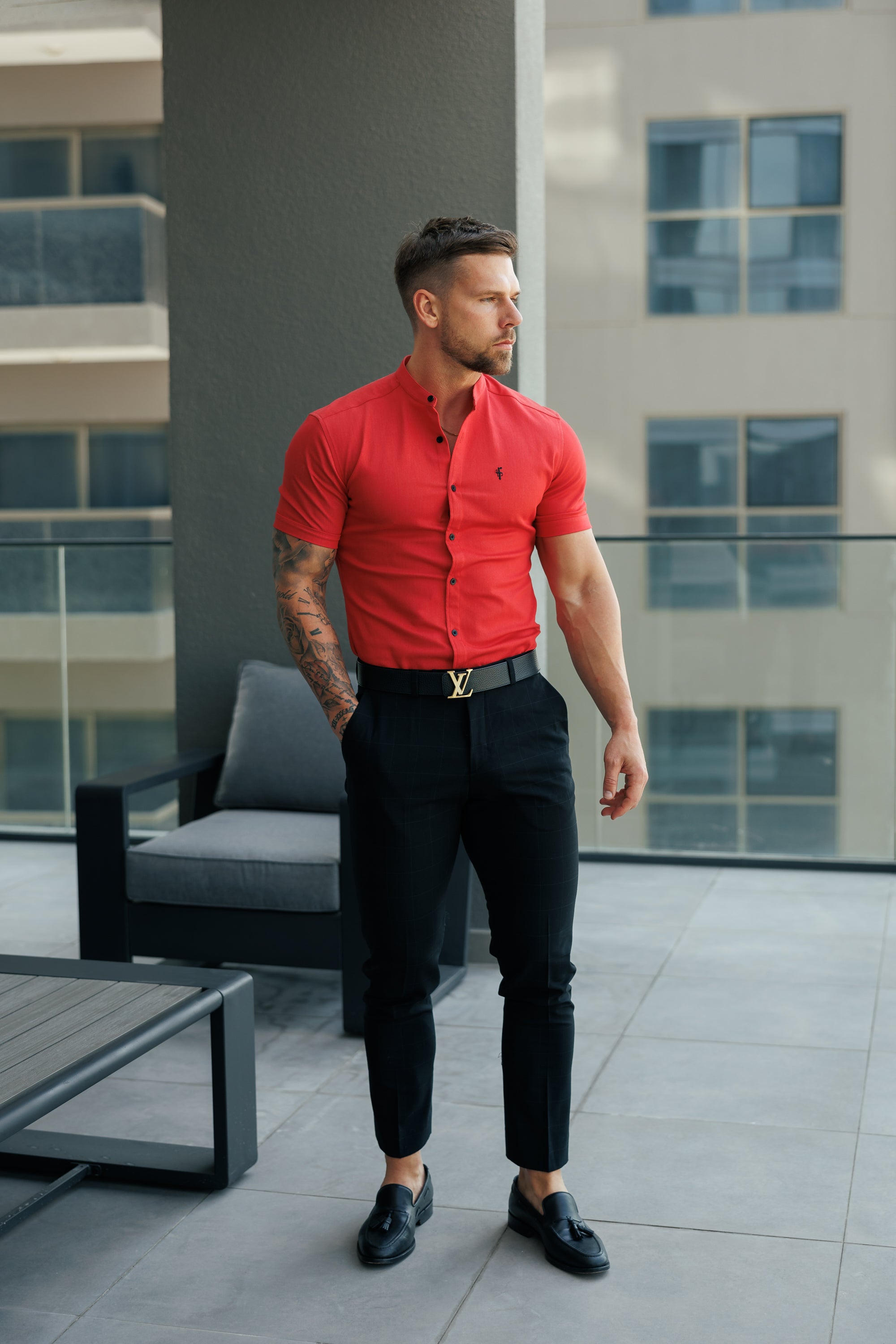 Super Slim Stretch Postbox Red Denim Short Sleeve with Grandad Collar - FS1141