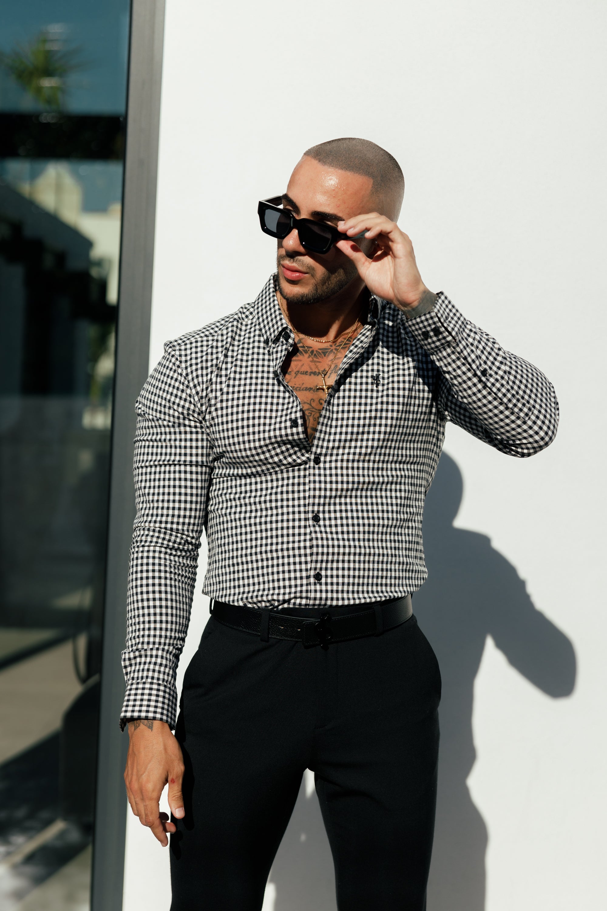 Super Slim Stretch White / Black Check Long Sleeve with Button Down Collar - FS1069
