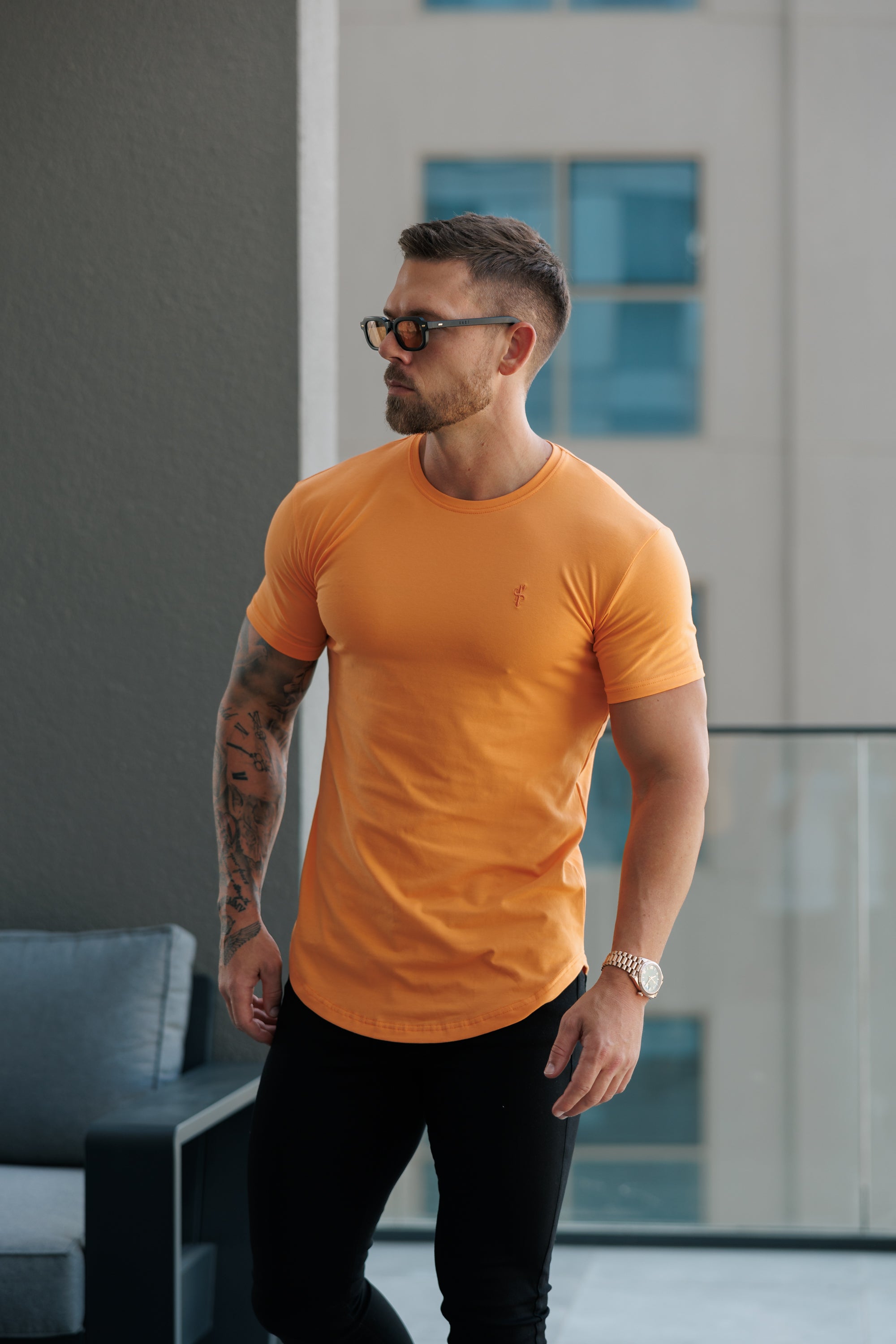 Classic Orange Tonal Curved Hem Crew T Shirt - FSH1152