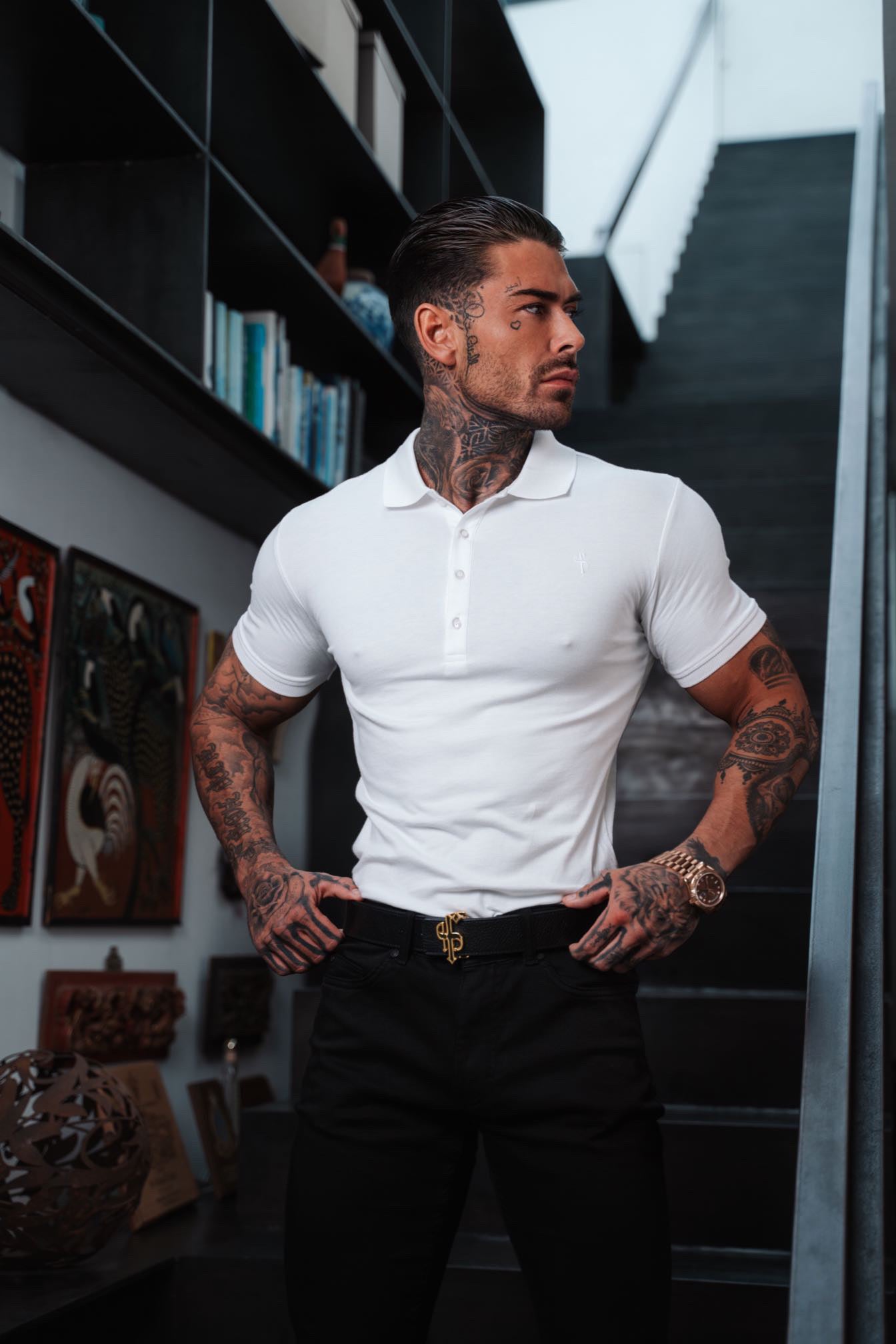 Classic White Polo Shirt with Tonal Button and Embroidery - FSH874