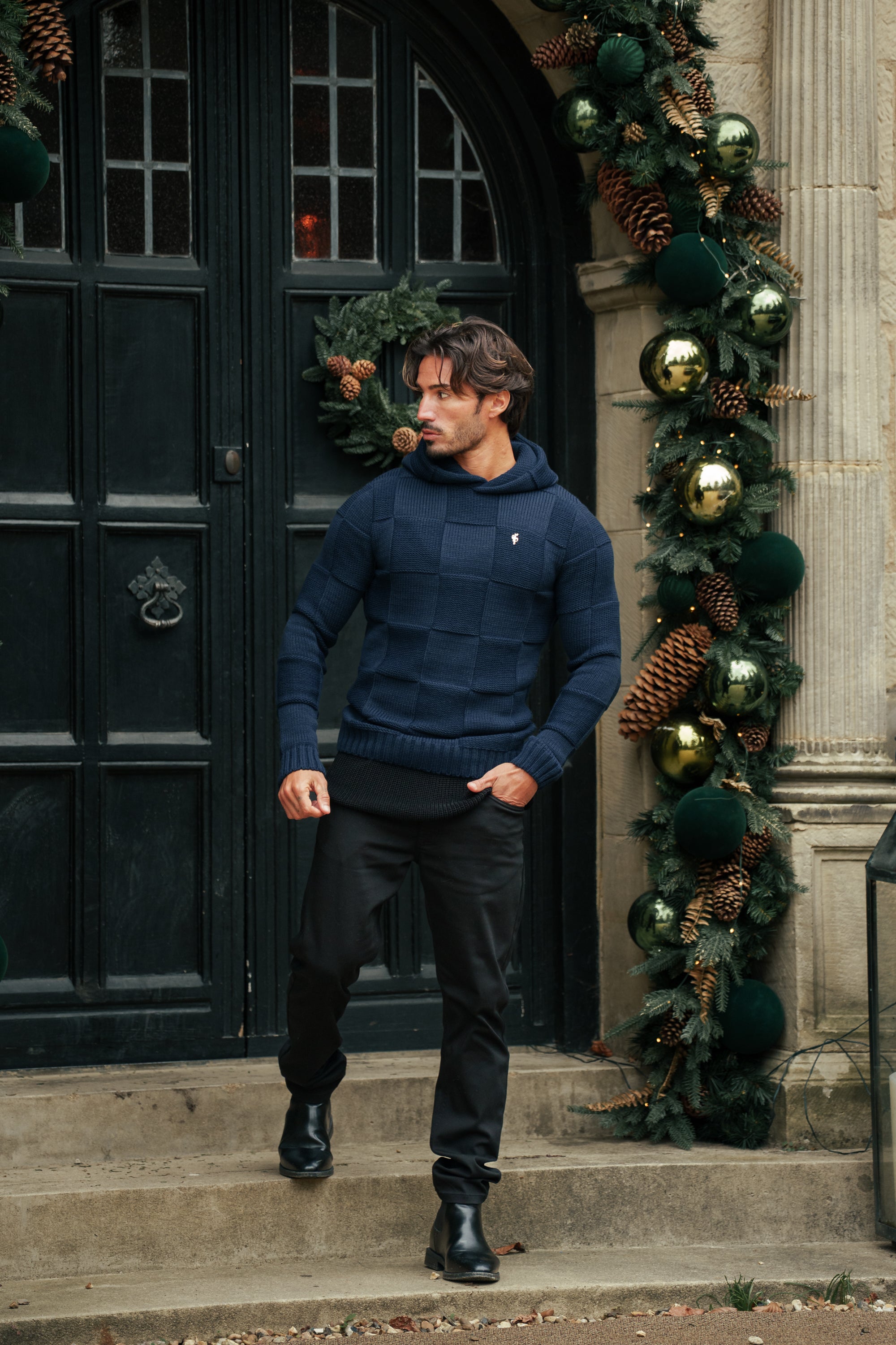 Navy Checkerboard Knitted Hoodie - FSJ138