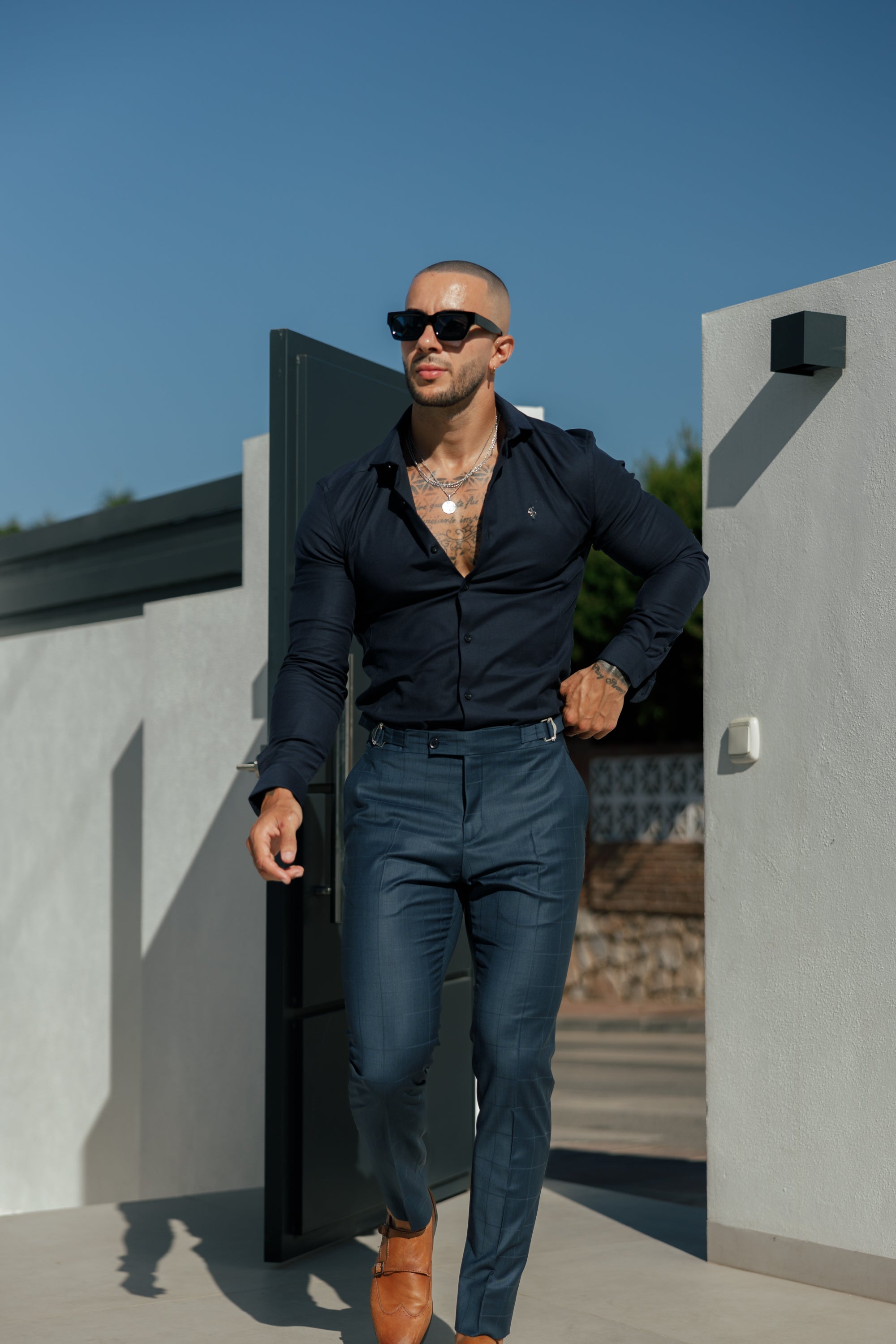 Slim Formal Navy Self Check Stretch Trousers with Side Adjusters - FST030