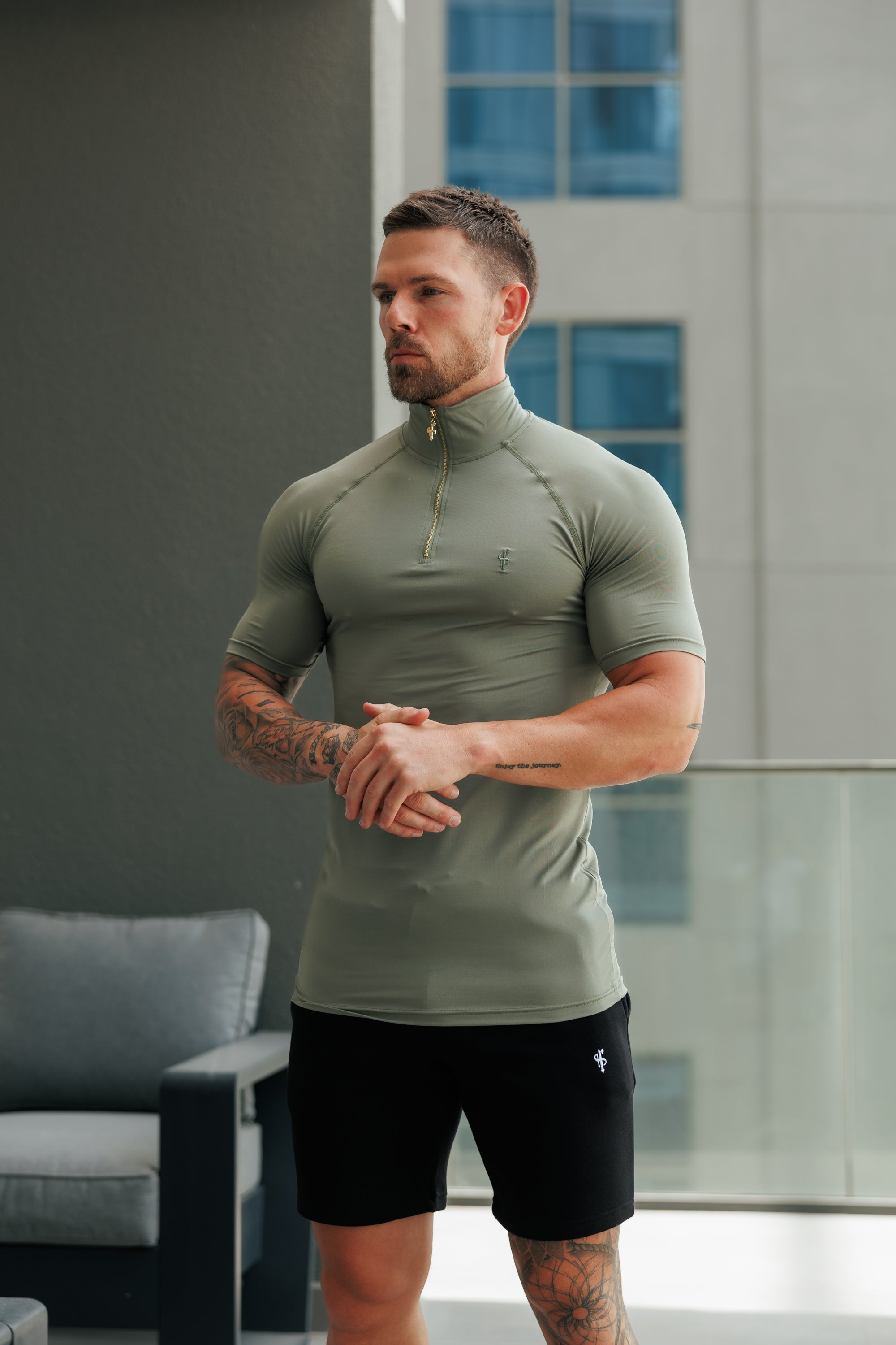 SS Olive Half Zip Gym Top - FSH1310