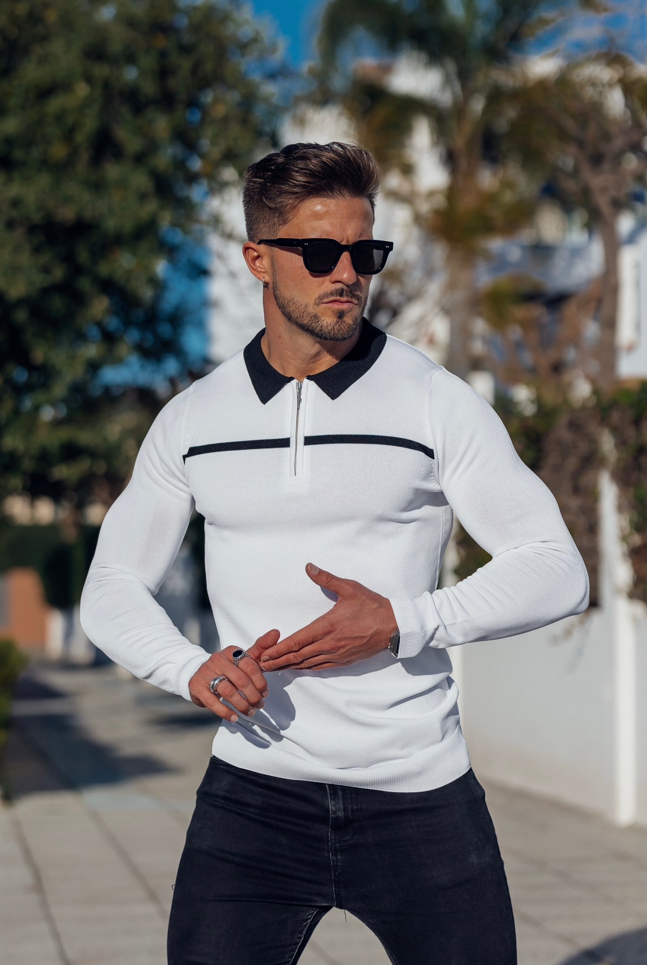 Classic White / Black Horizontal Stripe Zipped Polo Long Sleeve - FSN050