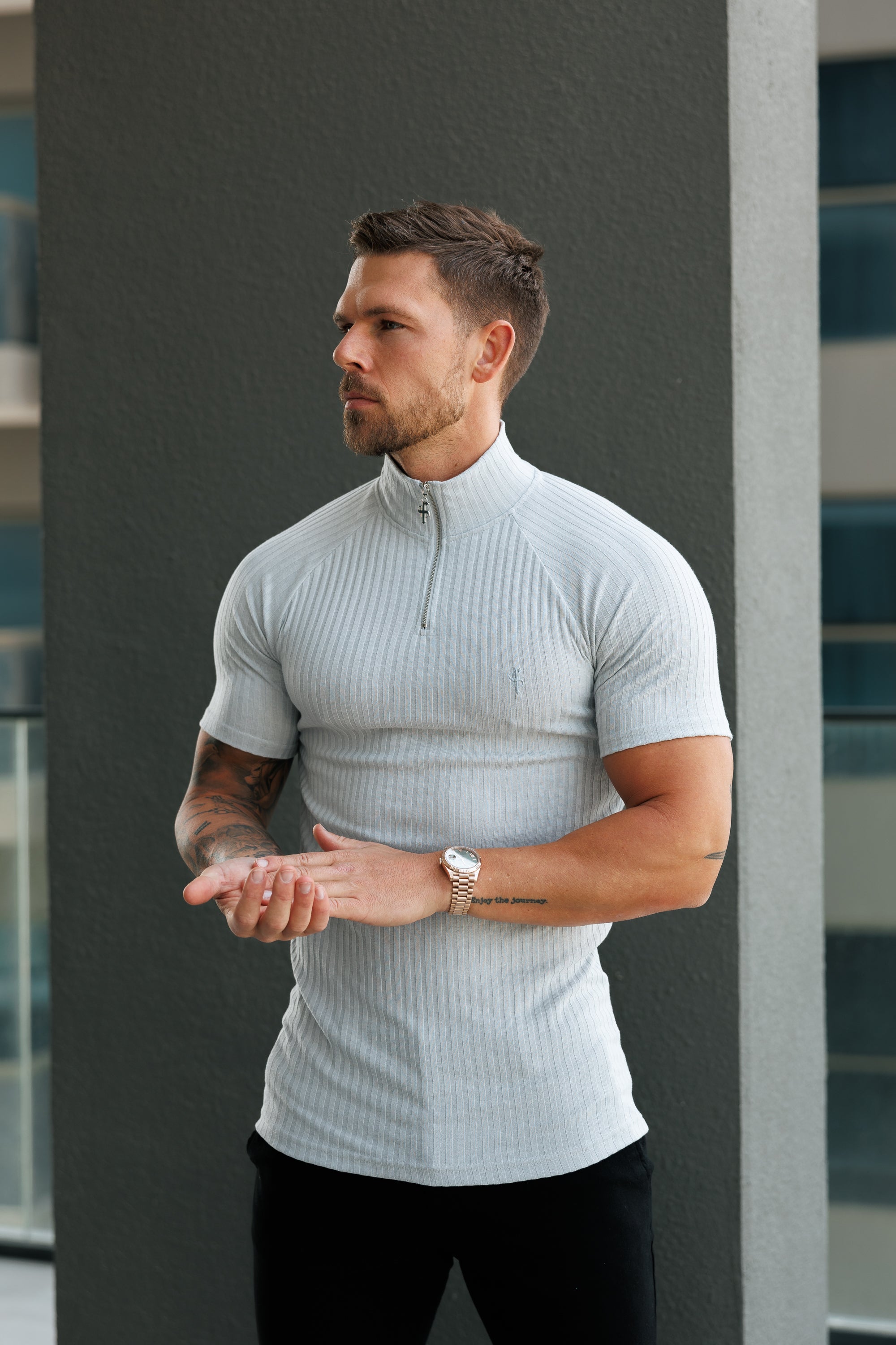 Classic Light Grey Ribbed Zip Funnel Neck Raglan Short Sleeve Crew - FSH1287