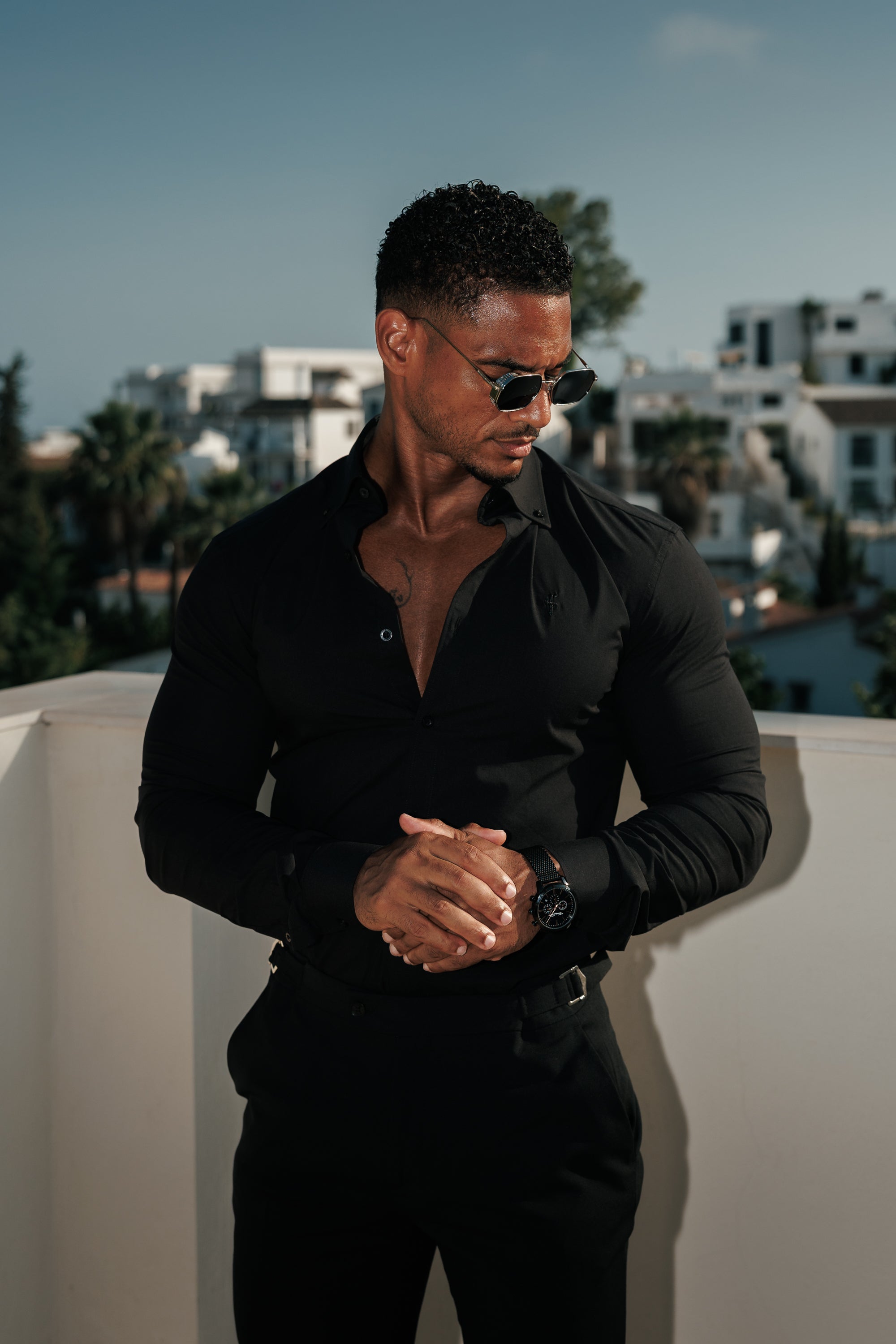 Zeus Muscle Fit Advanced Stretch Black Buttondown Collar Shirt - FS1243