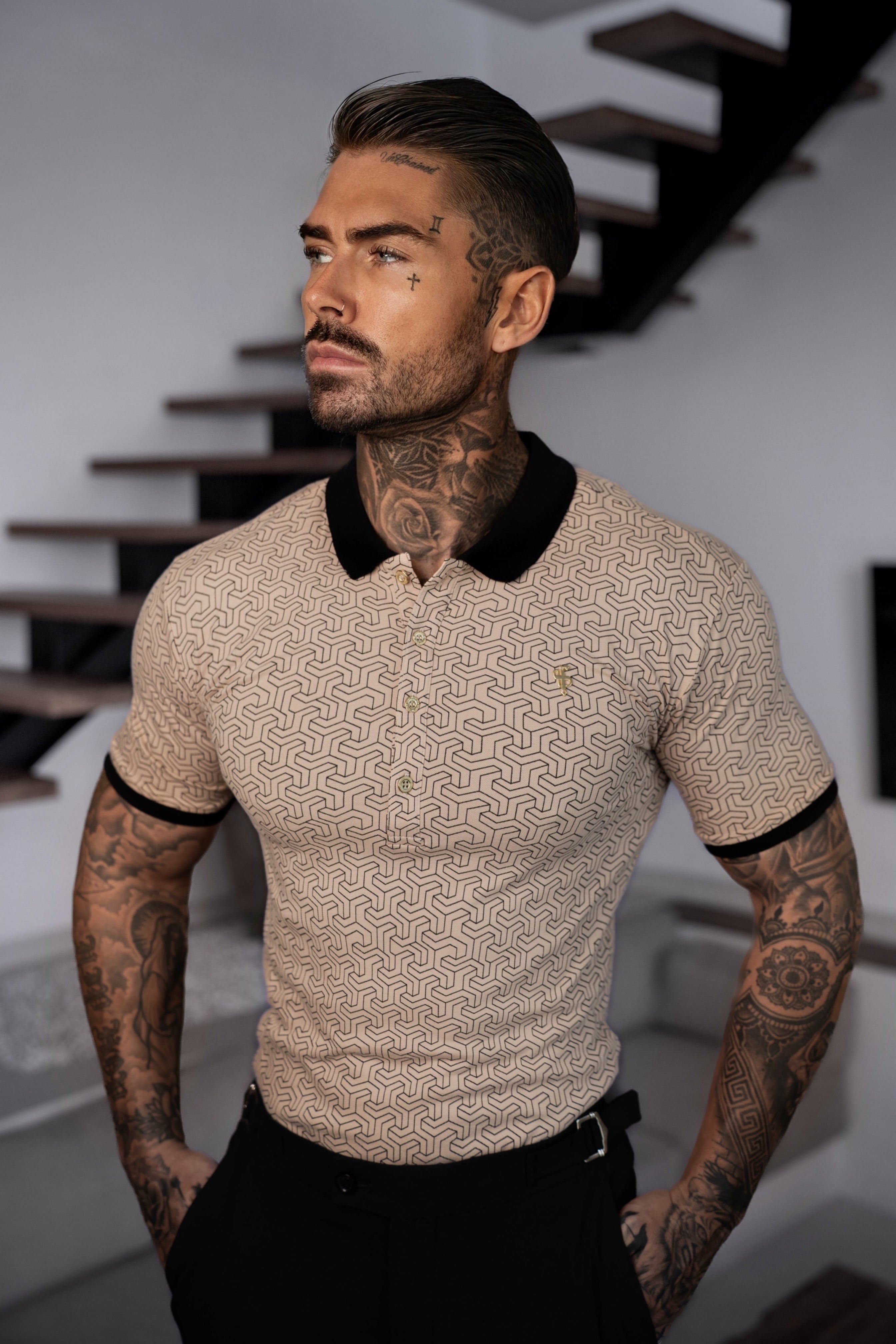 Black / Beige Geo Printed Polo Shirt - FSH1234