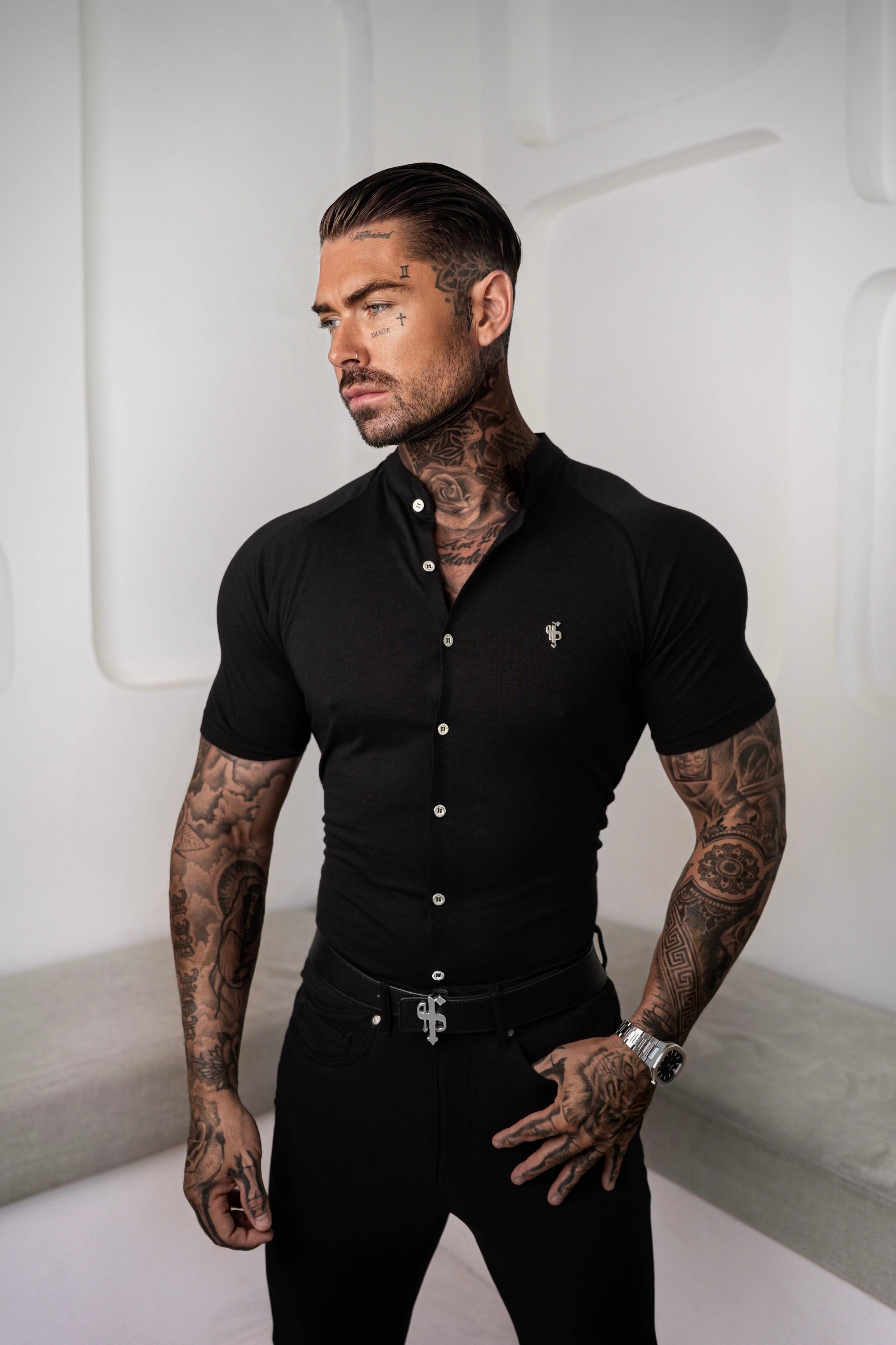 Slim Bamboo Raglan Grandad Collar Black Short Sleeve - FSH1165