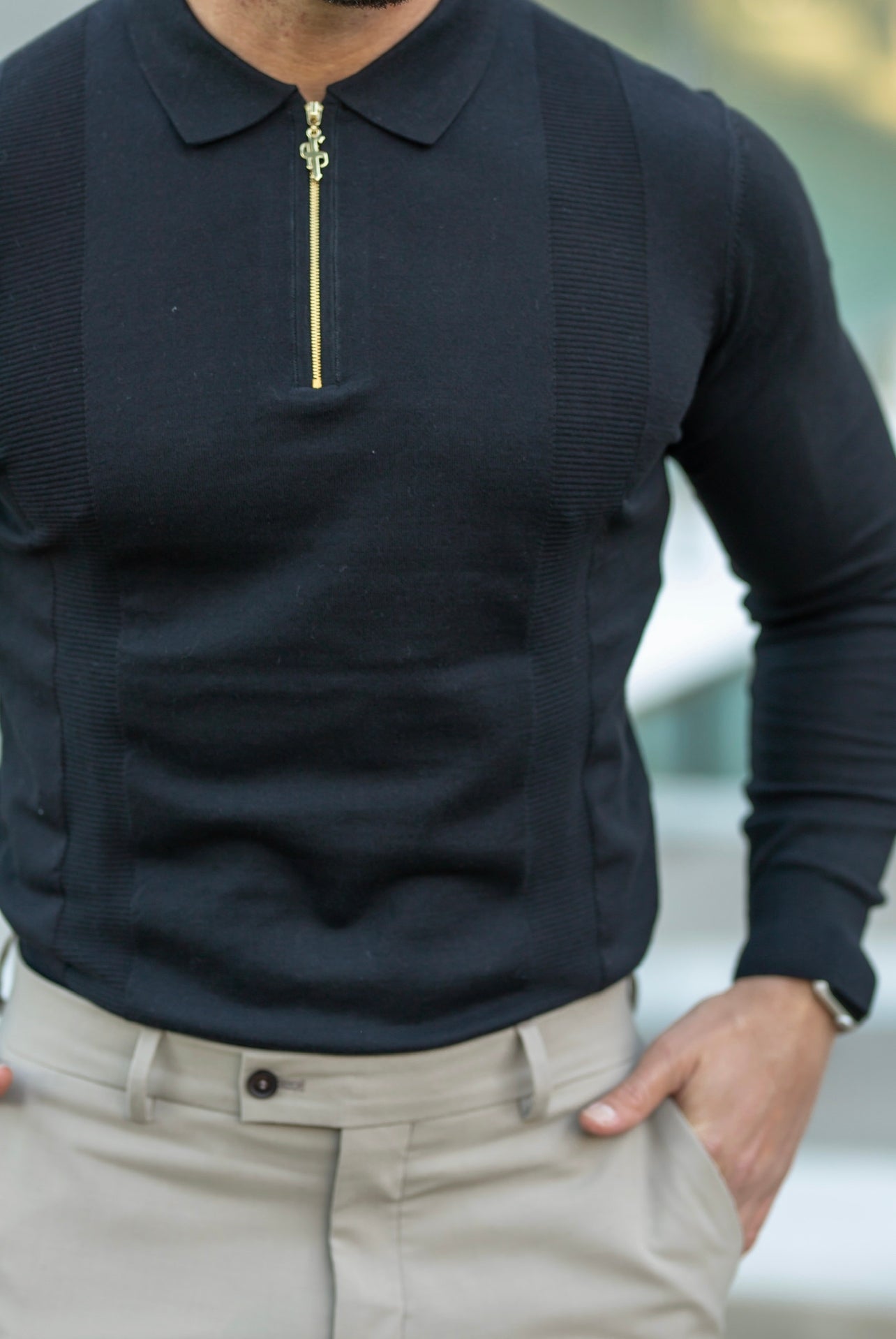 Classic Black and Gold Zip Knitted Polo Shirt Long Sleeve - FSN126