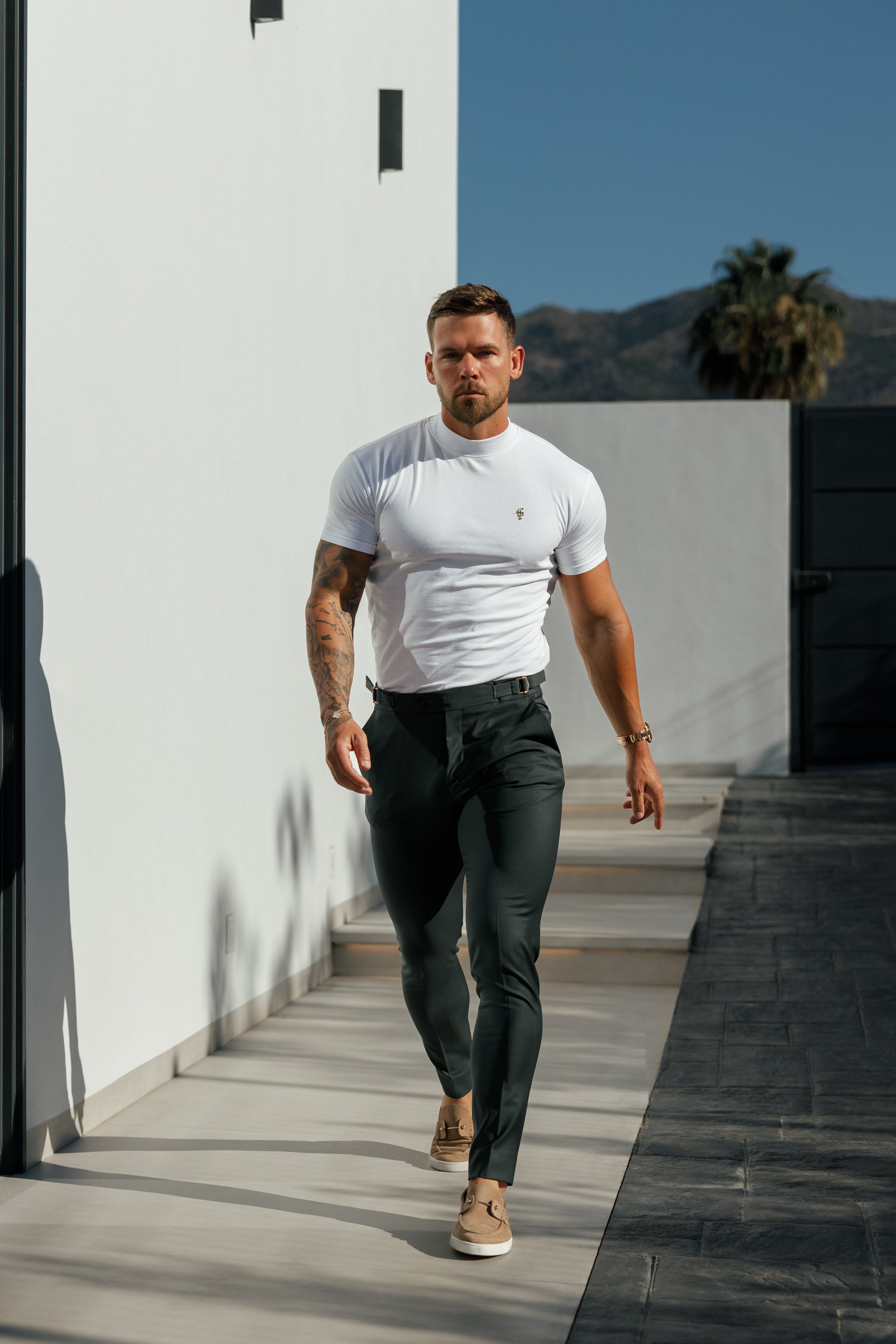 Ribbed High Neck Crew Short Sleeve White / Gold - FSH1006