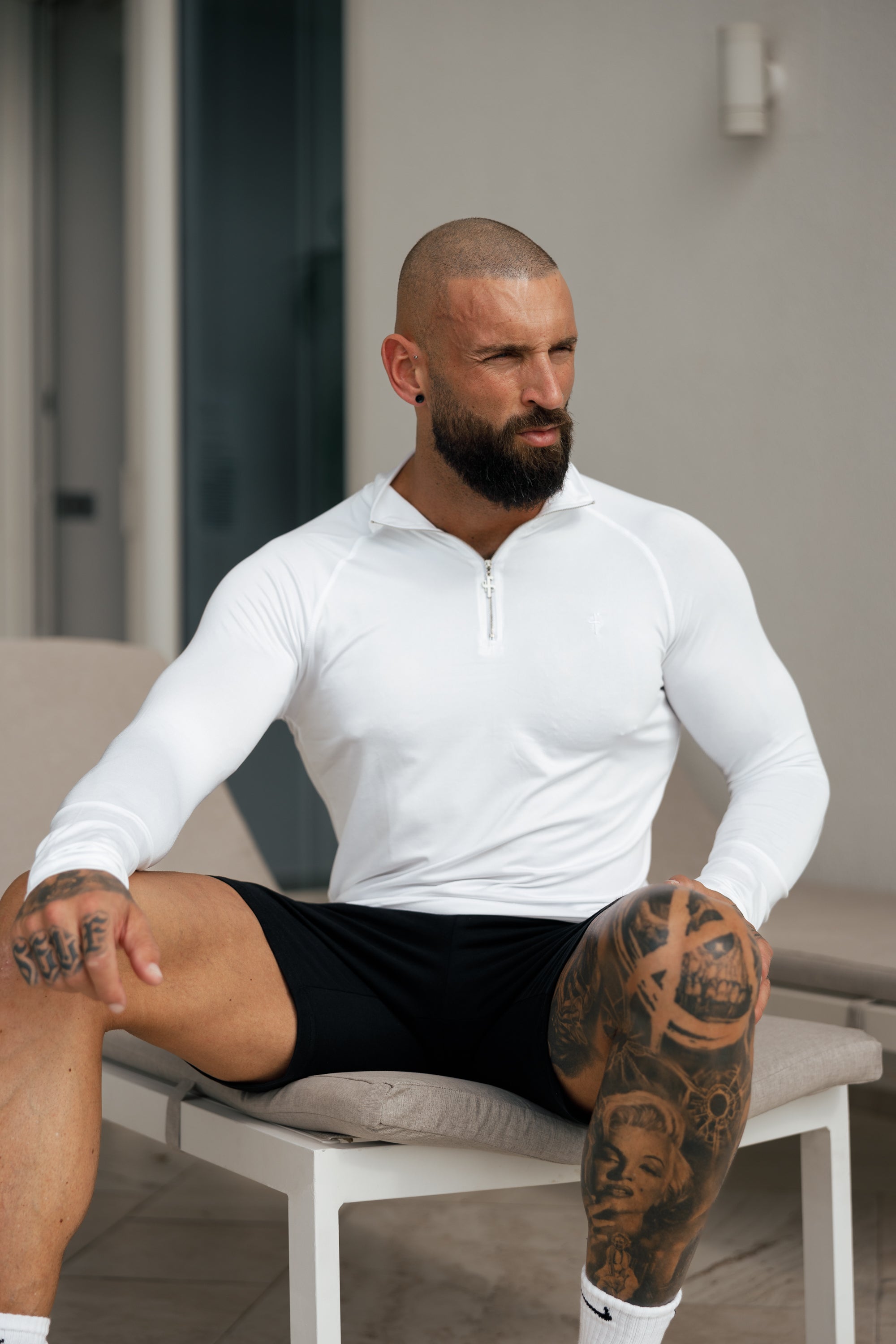 Long Sleeve White / Silver Half Zip Gym Top - FSH888