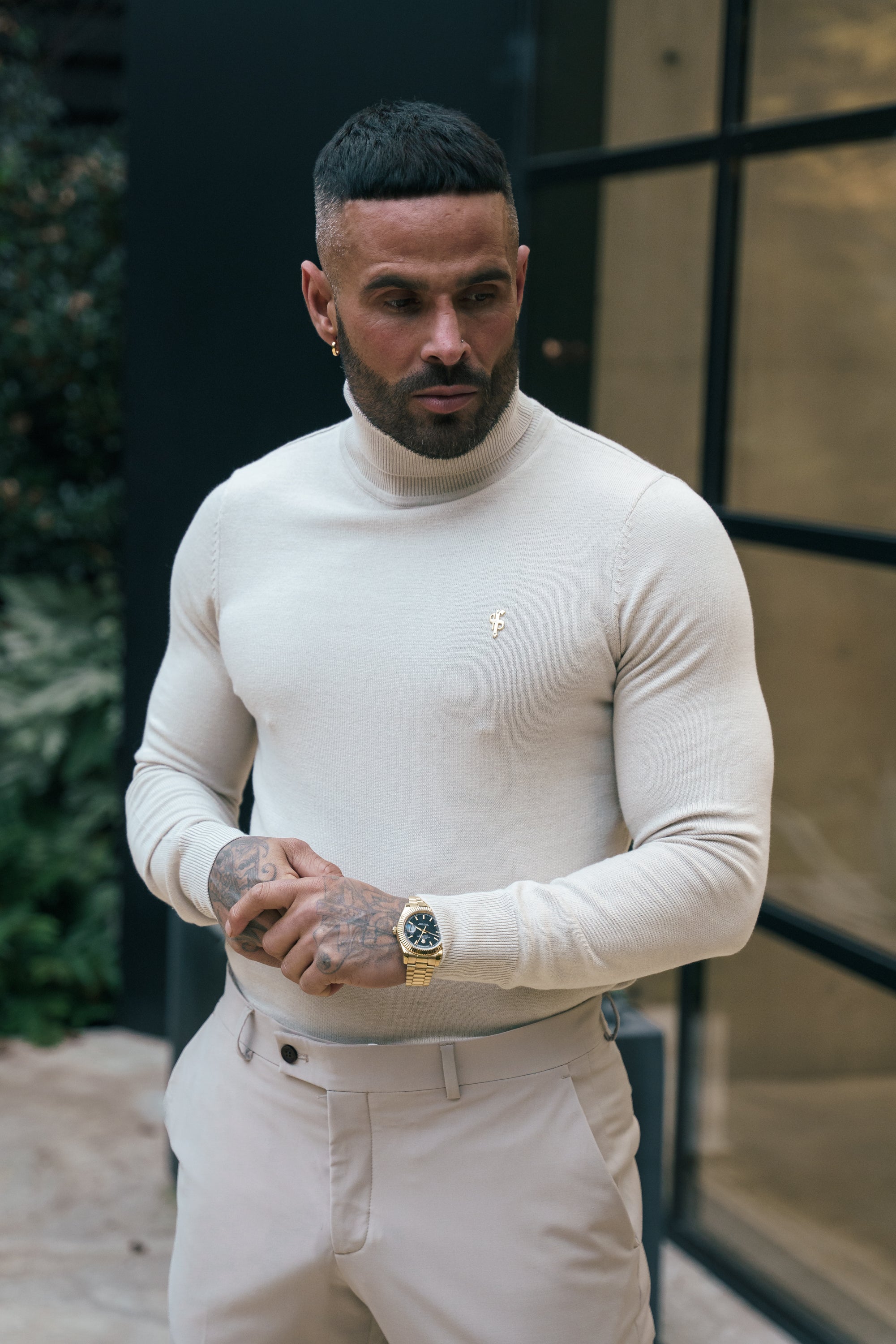 Beige Roll Neck Knitted Jumper With FS Branding - FSN204