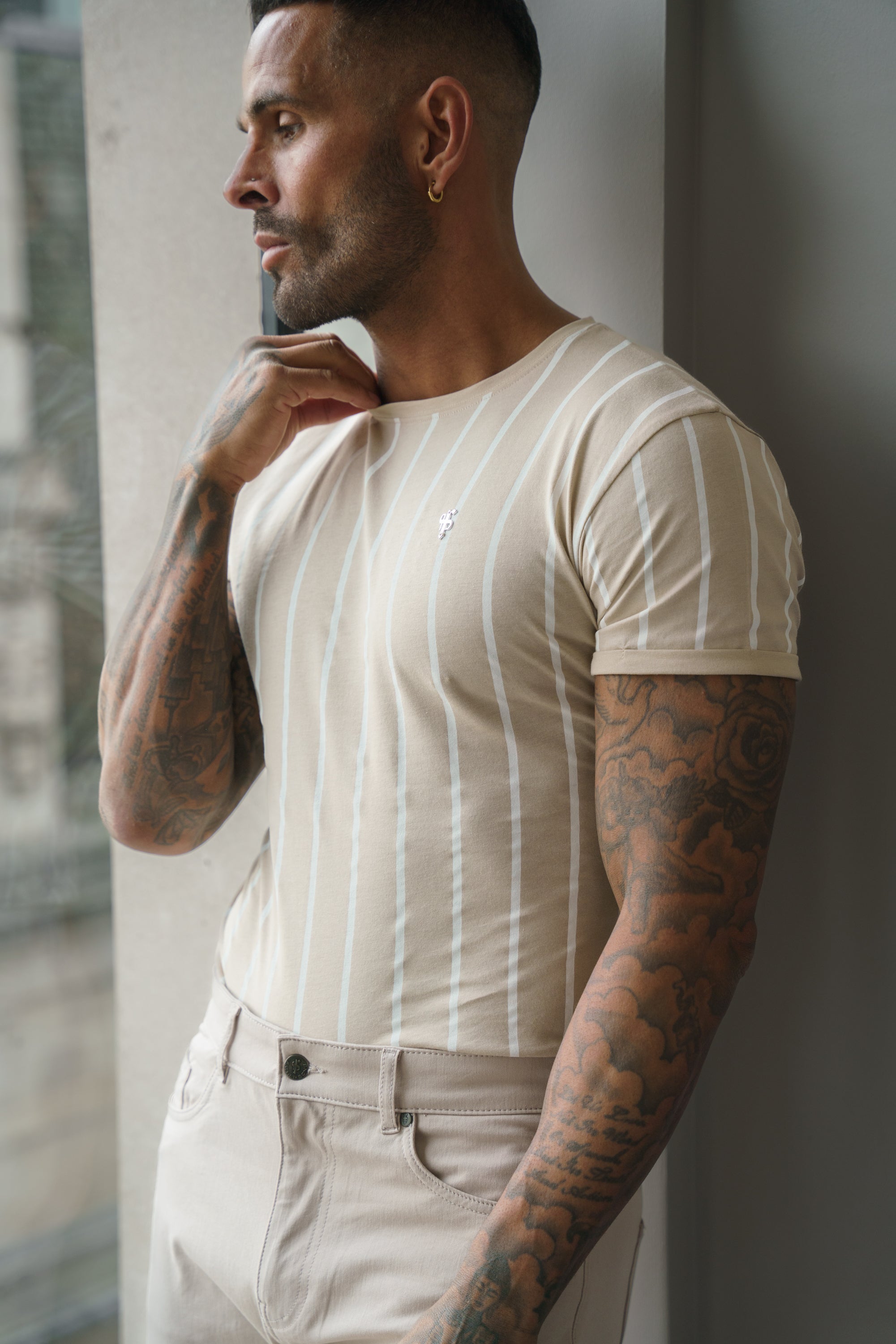 Printed Taupe / White Stripe Fitted T Shirt - FSH1170