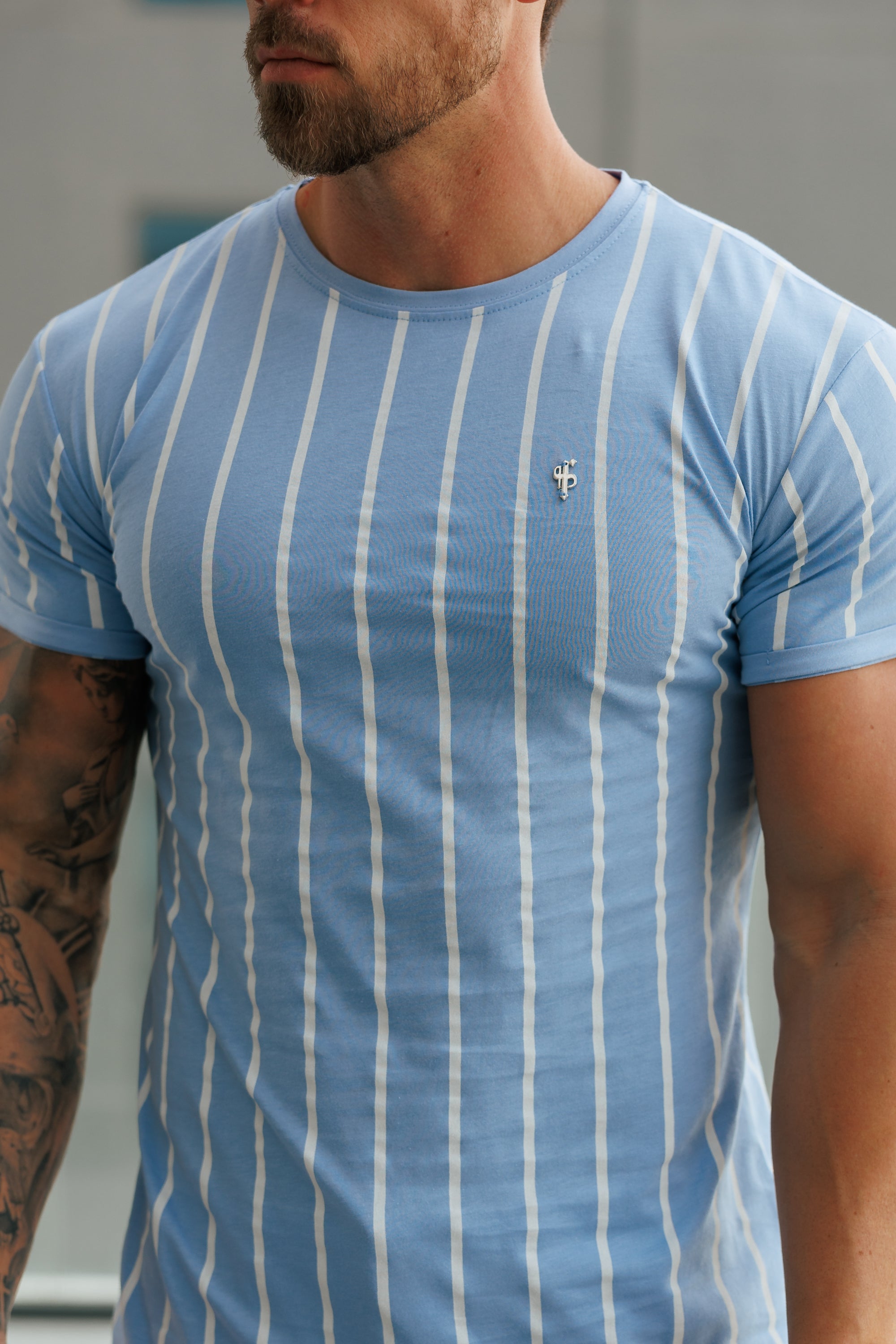 Printed Light Blue / White Stripe Fitted T Shirt - FSH1169