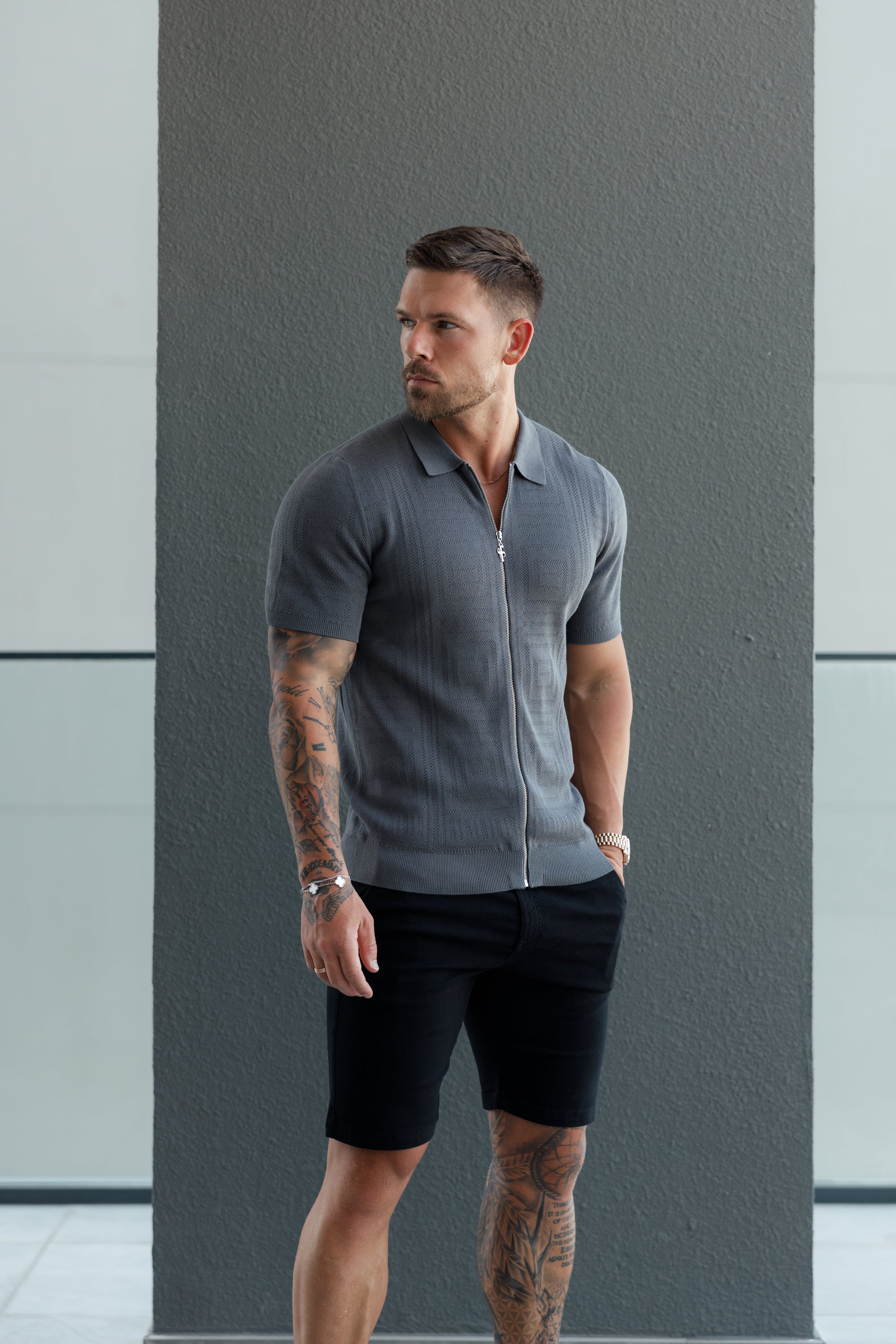 Classic Knitted Geo Design With Full Length Zip Gunmetal Short Sleeve - FSN150