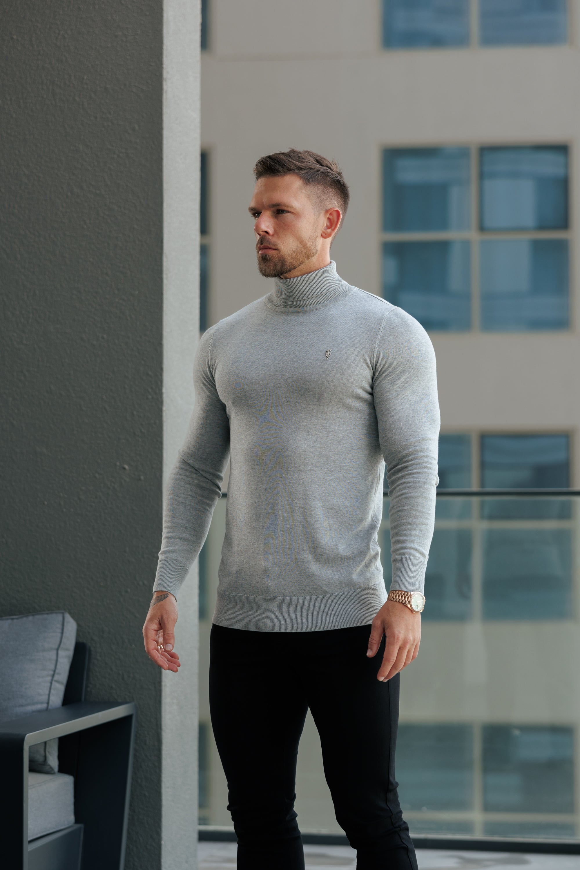 Light Grey Roll Neck Knitted Jumper With FS Branding - FSN208