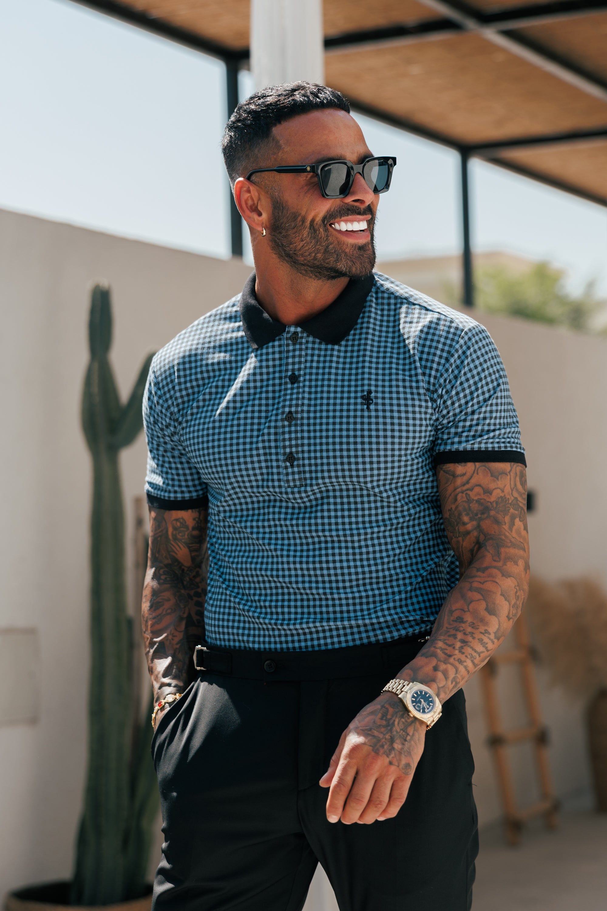 Black / Blue Printed Check Polo Shirt - FSH1262