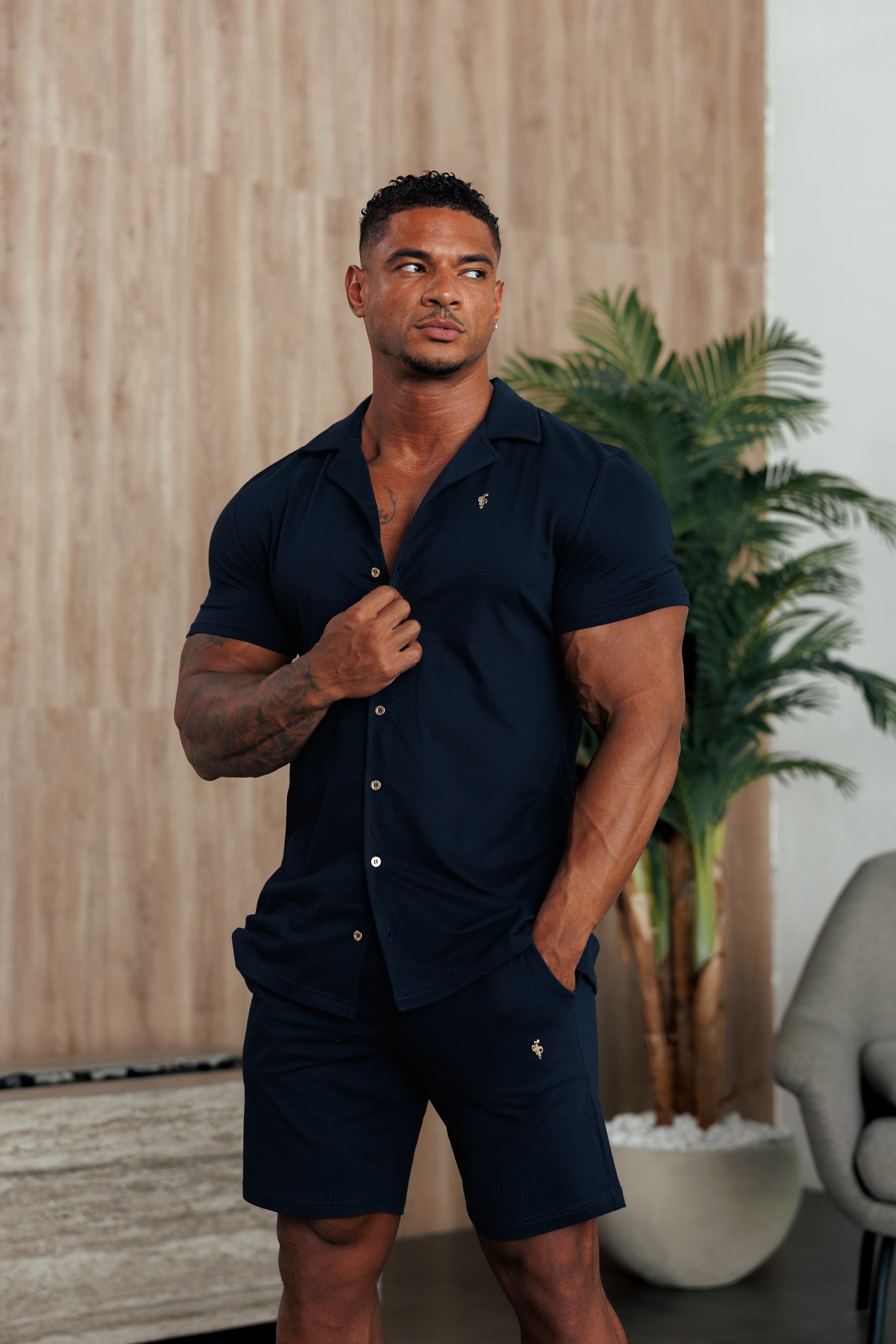 Stretch Navy Pique Revere Shirt Short Sleeve - FSH1386