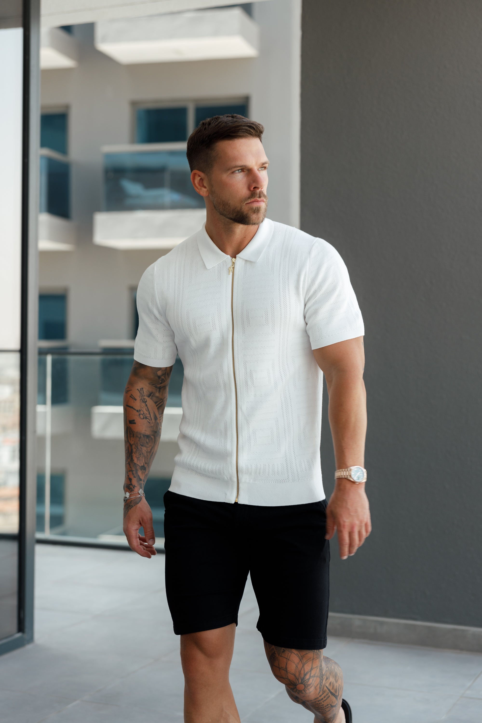 Classic Knitted Geo Design With Full Length Zip Off White Short Sleeve - FSN148