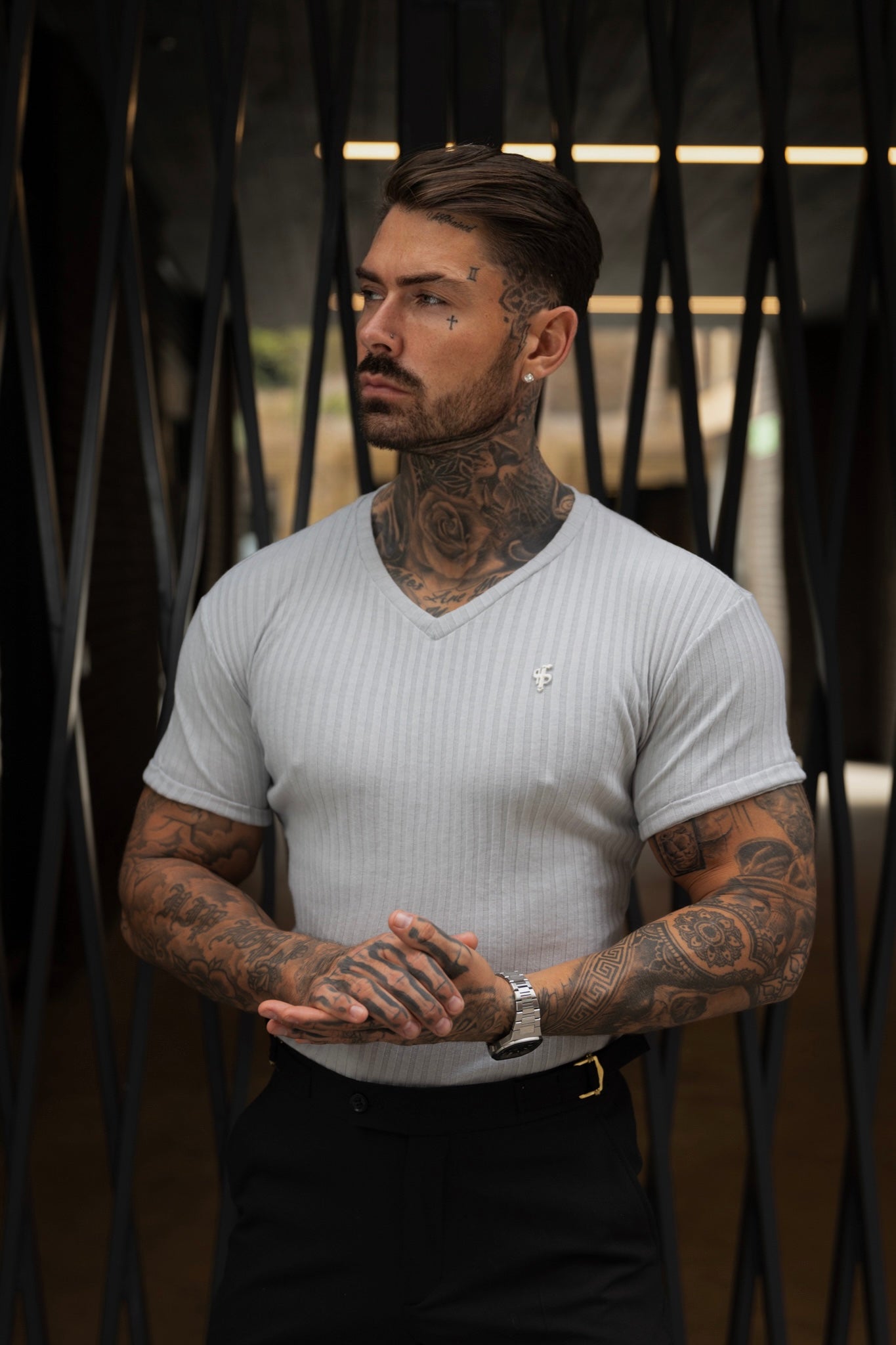 Classic Light Grey / Silver V Neck Ribbed Crew - FSH1126
