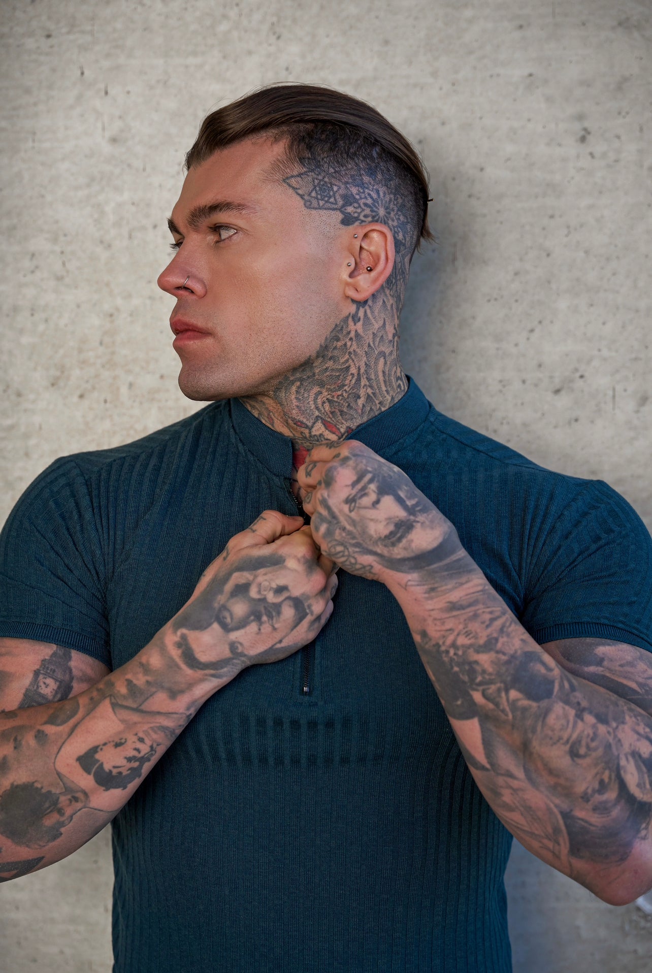 Classic Forest Green / Black Ribbed Black Zip Grandad Collar Shirt Short Sleeve - FSH917
