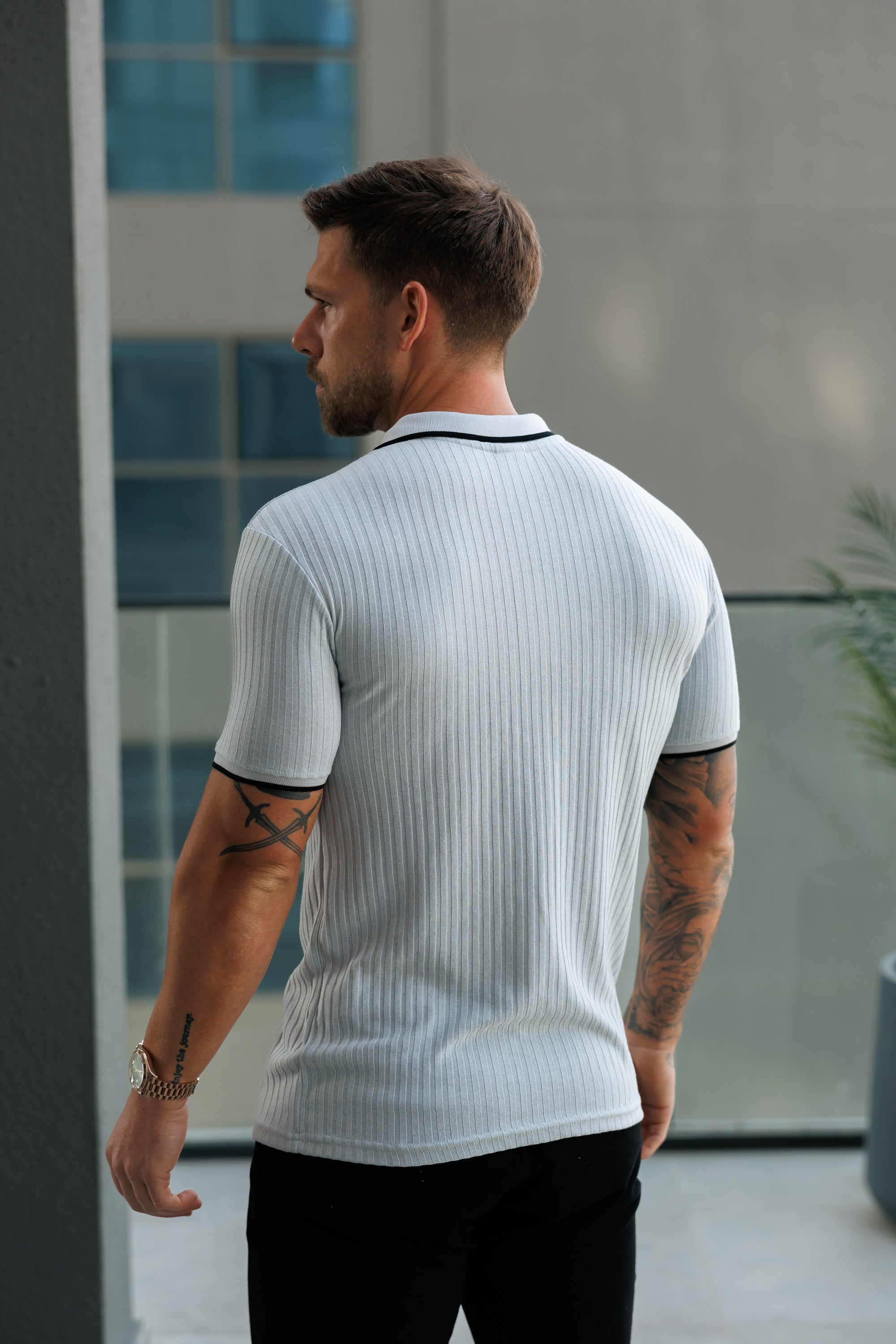 Classic Grey Ribbed Zip Polo with Contrast Short Sleeve - FSH1108