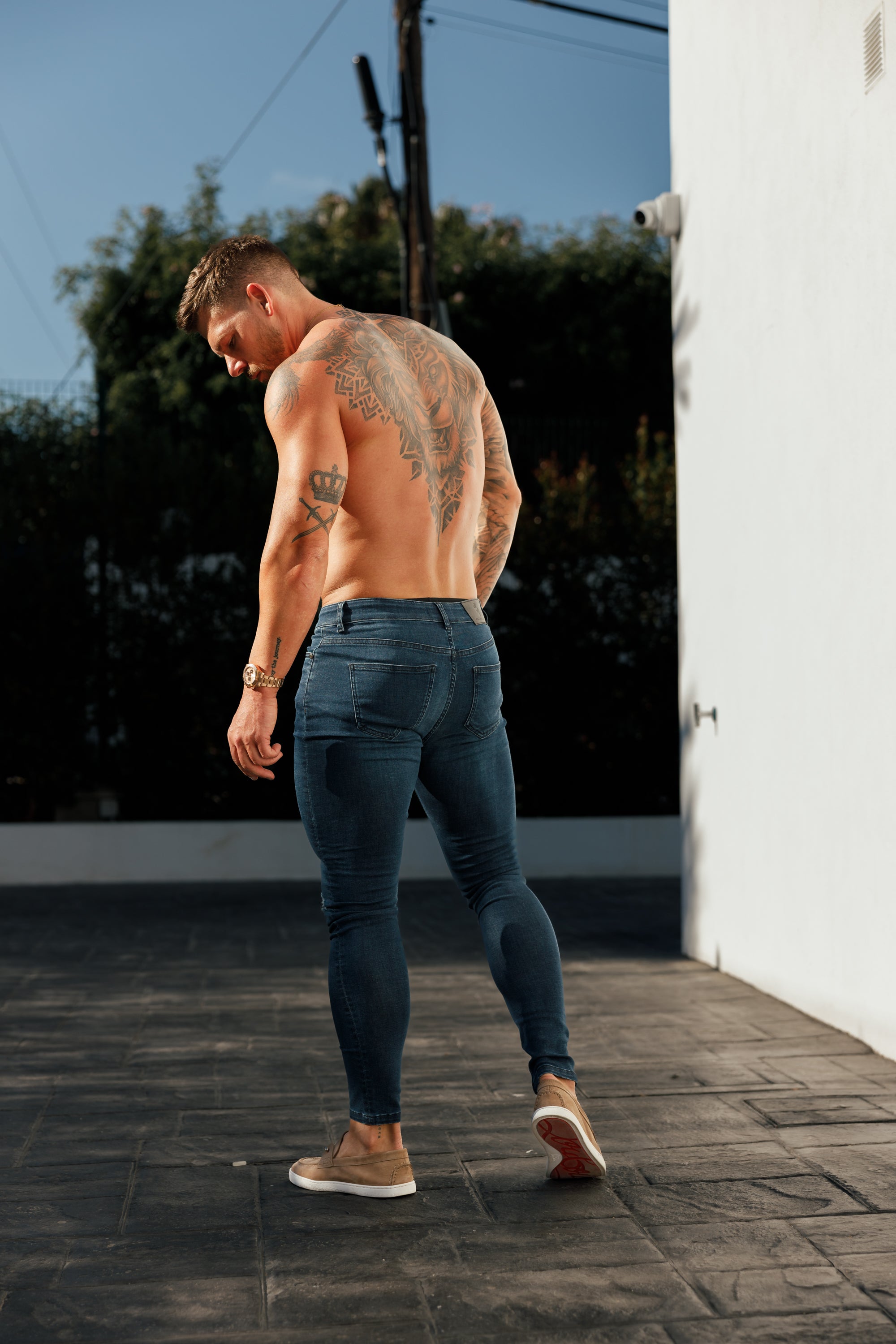 Ultra Stretch Mid Blue Slim Jeans with Knee Rips - FSJEAN011